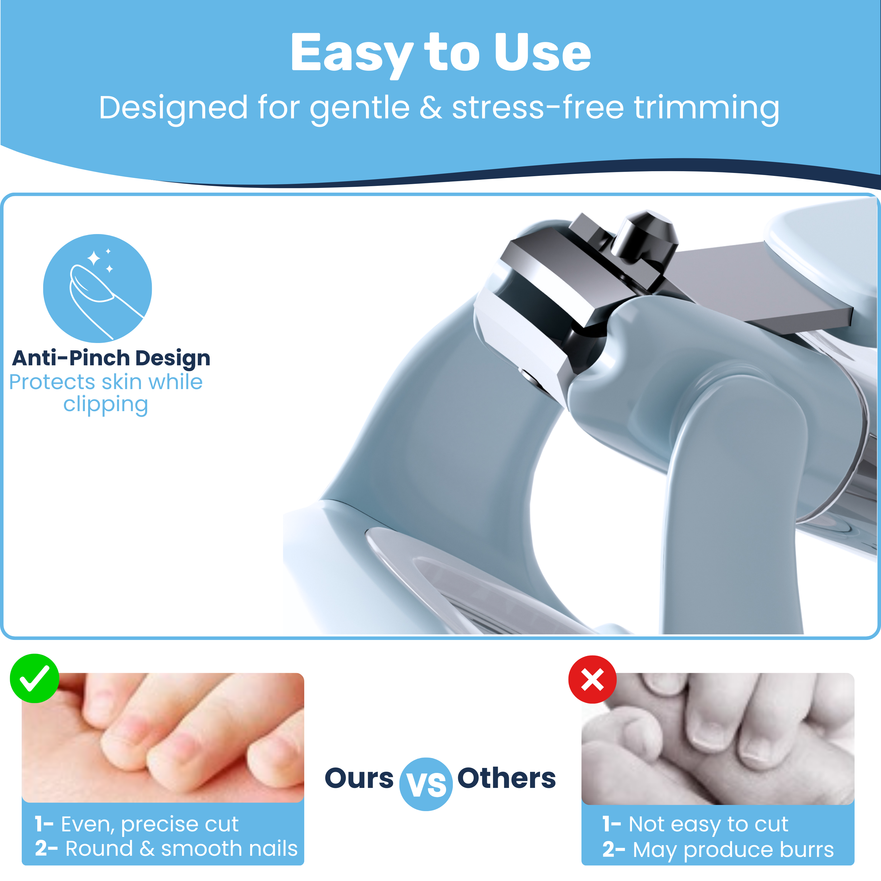 Blue baby nail clipper anti-pinch blade guard close-up, smooth even cut vs burr comparison below