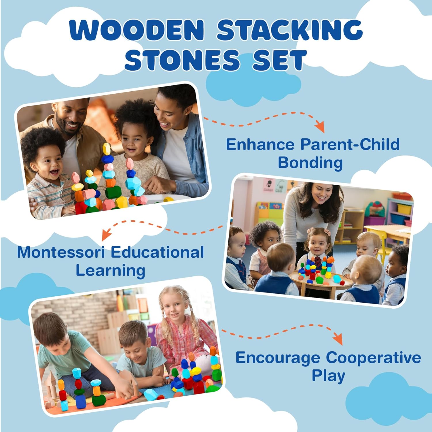 Wooden stacking stones for kids shown in family, classroom, and cooperative play scenes