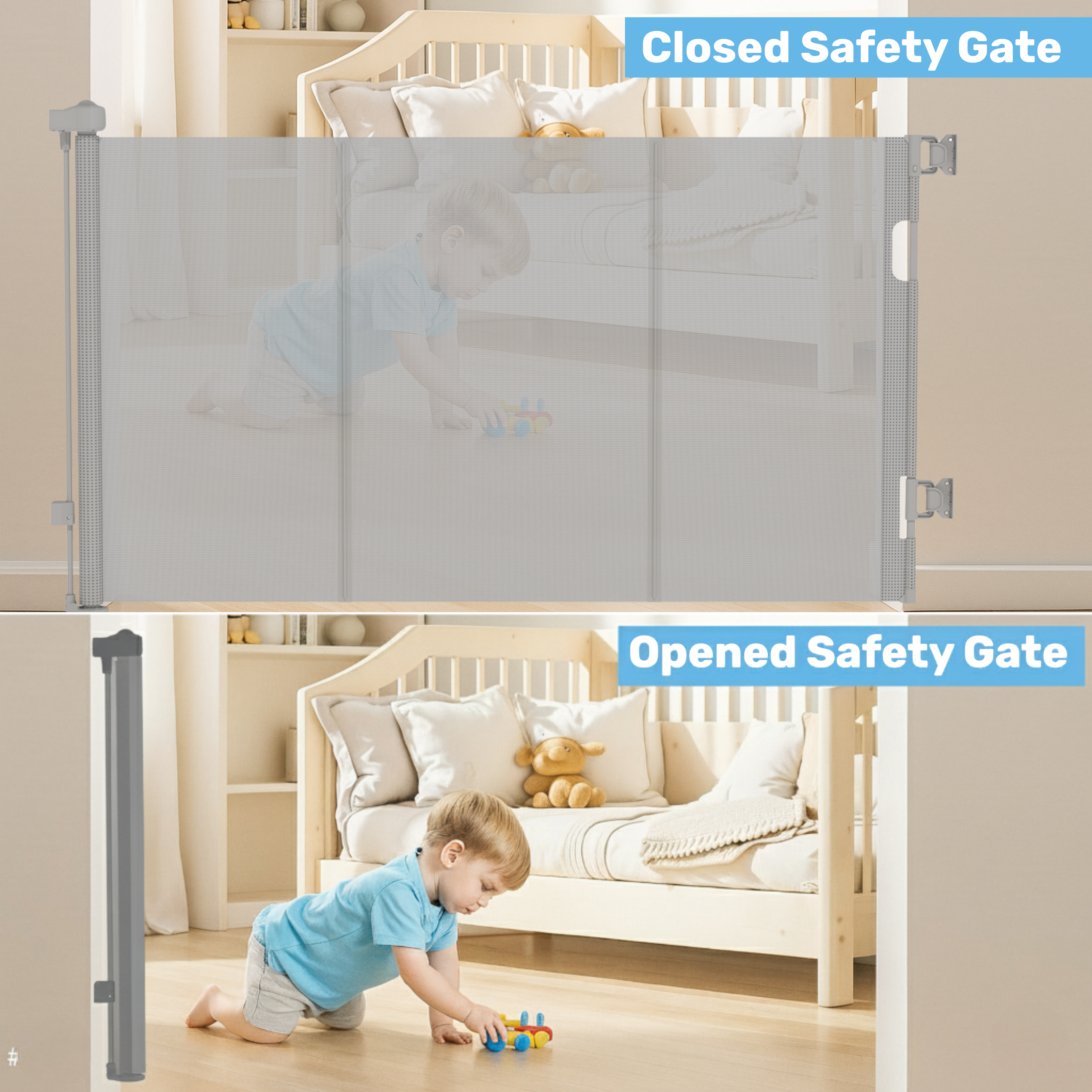 Split-panel open vs. closed retractable mesh baby gate, toddler playing with toys on nursery floor below