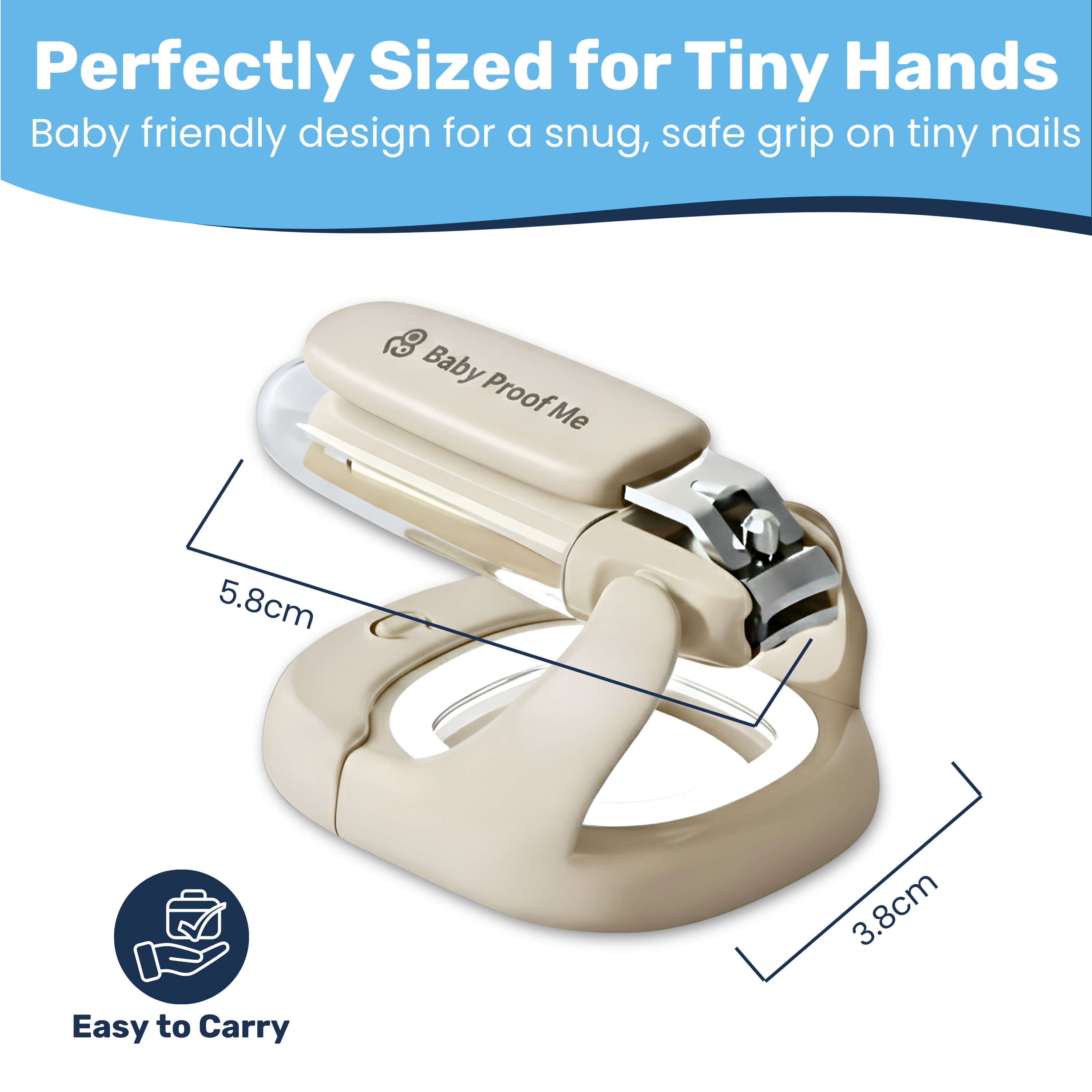 Baby Proof Me nail clipper with finger-loop handle, 5.8cm x 3.8cm dimensions labeled, stainless steel blade
