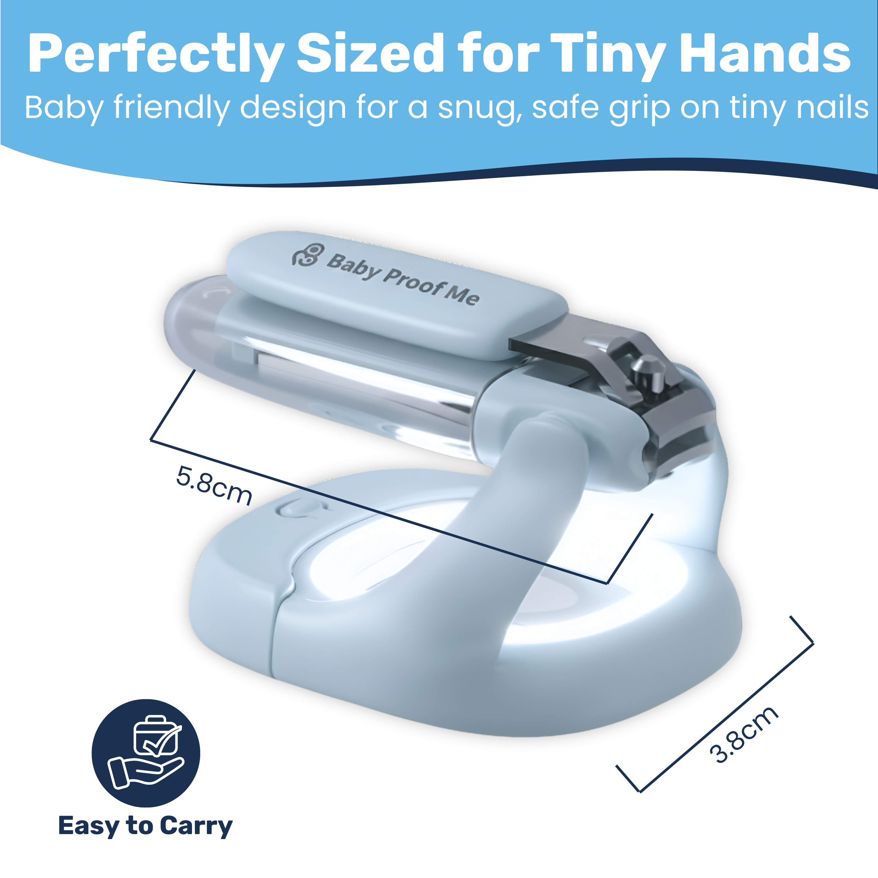 Blue baby nail clipper 5.8cm x 3.8cm dimensions labeled, non-slip finger-loop handle and stainless blade
