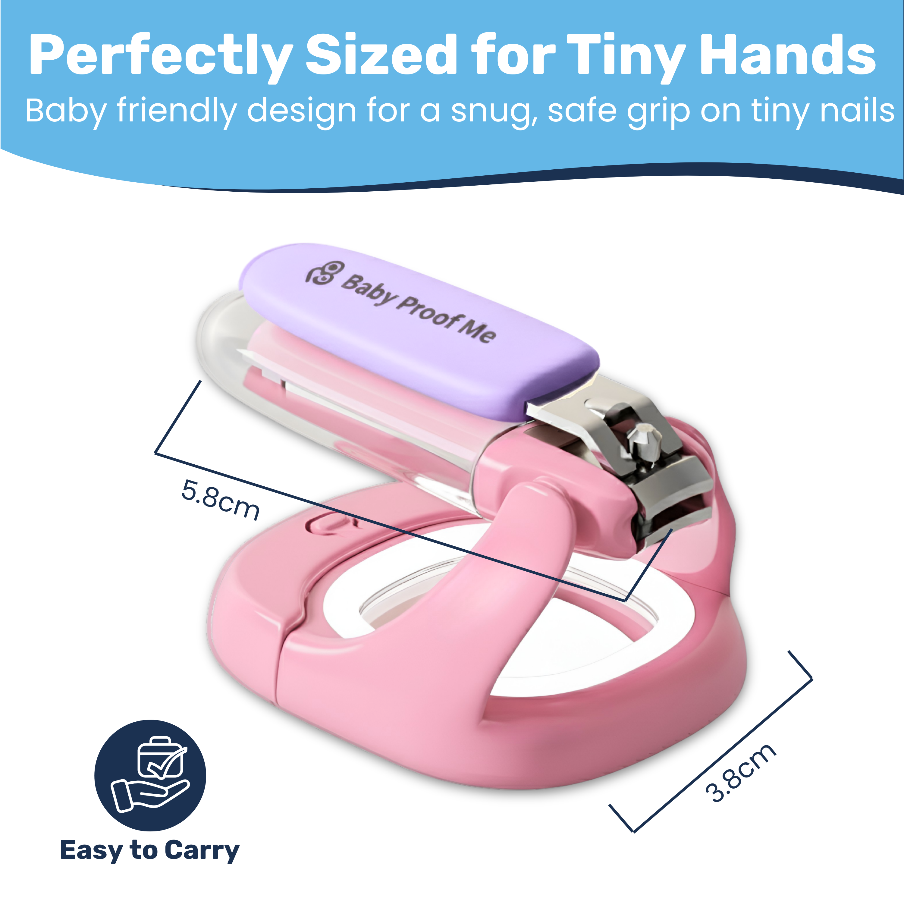 Pink baby nail clipper with 5.8cm x 3.8cm dimensions labeled, purple LED magnifier cap and finger-loop base