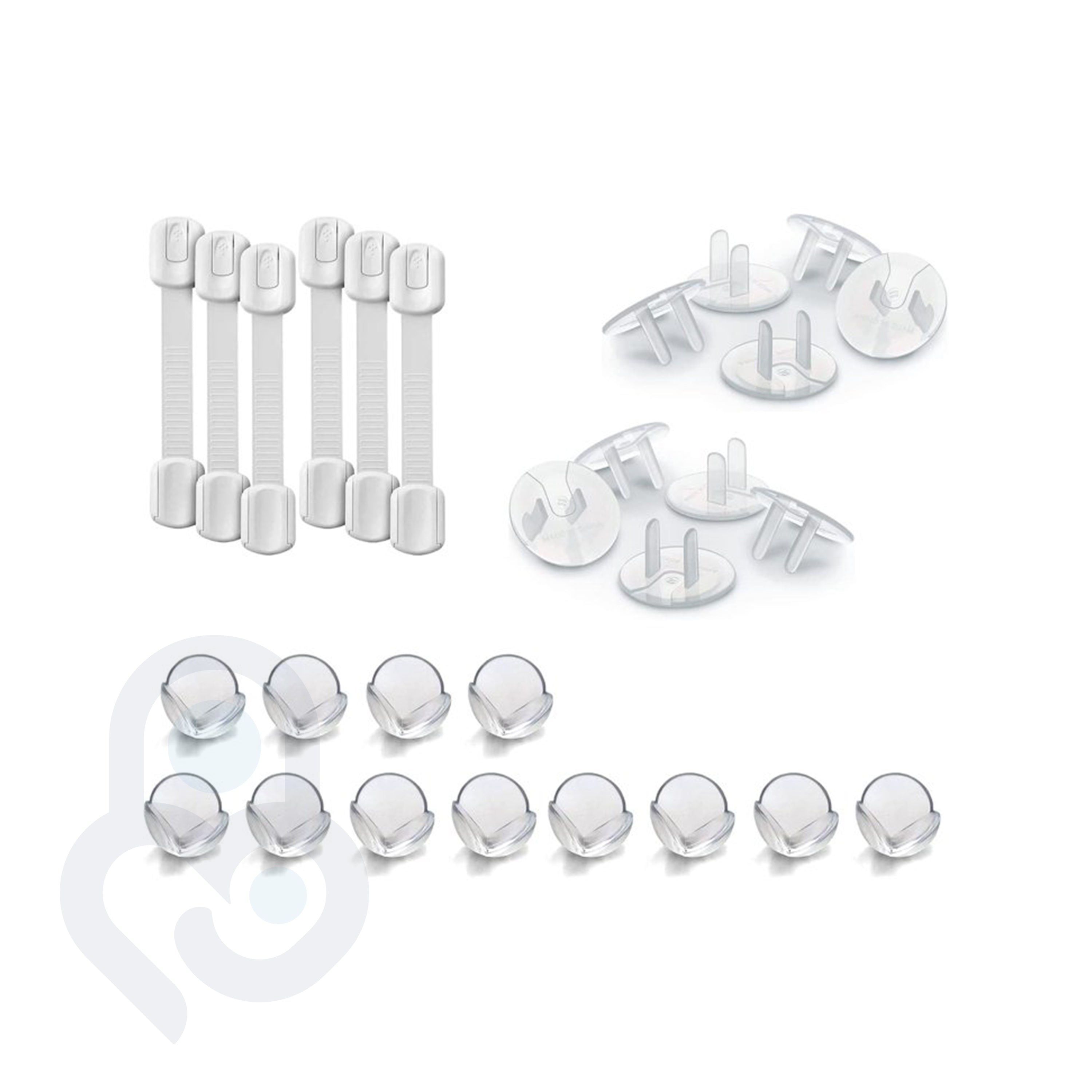 Bump Defender Safety Kit with 6 strap locks, 12 clear corner guards, and 24 outlet covers