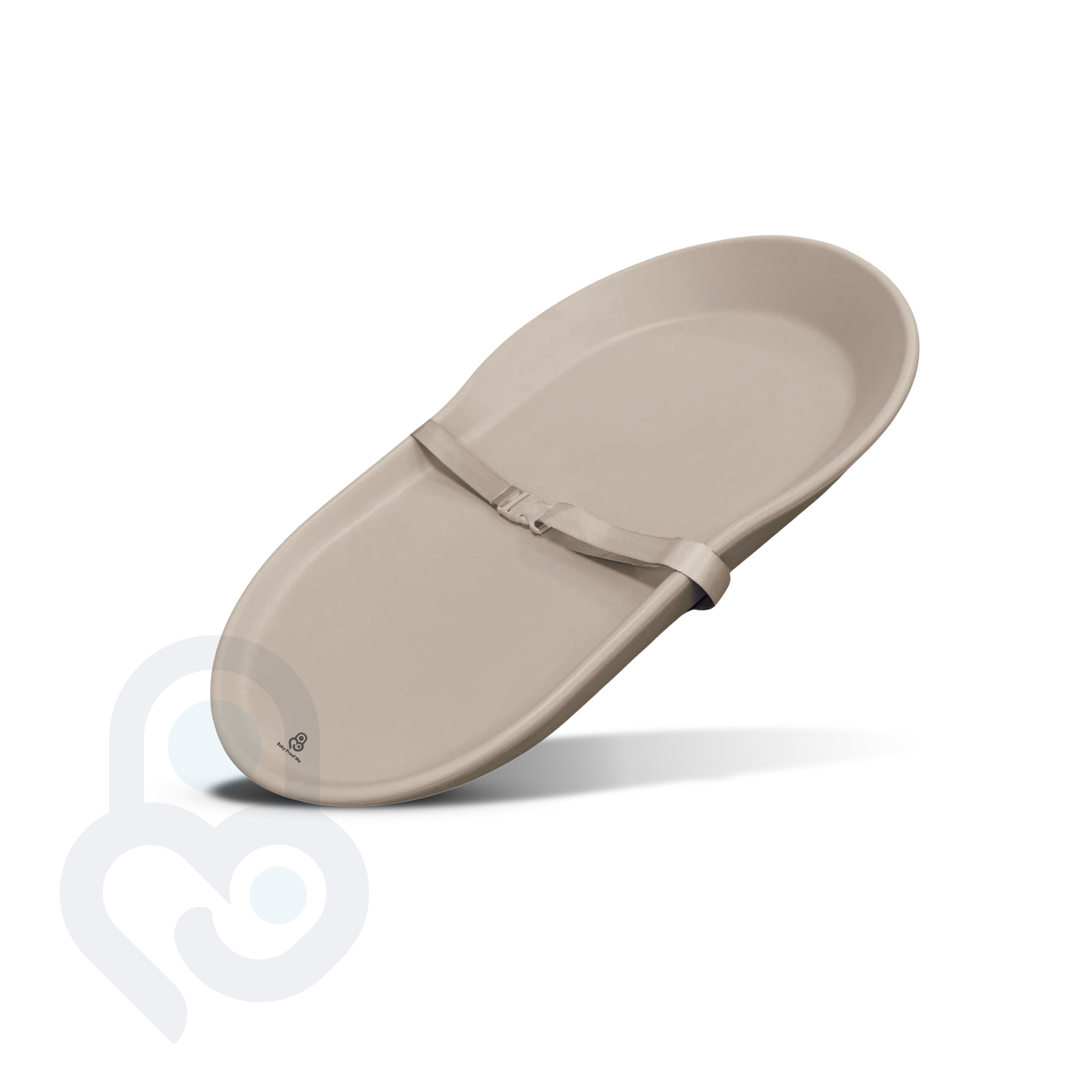 Beige oval EVA foam changing pad with safety belt strap, angled product view