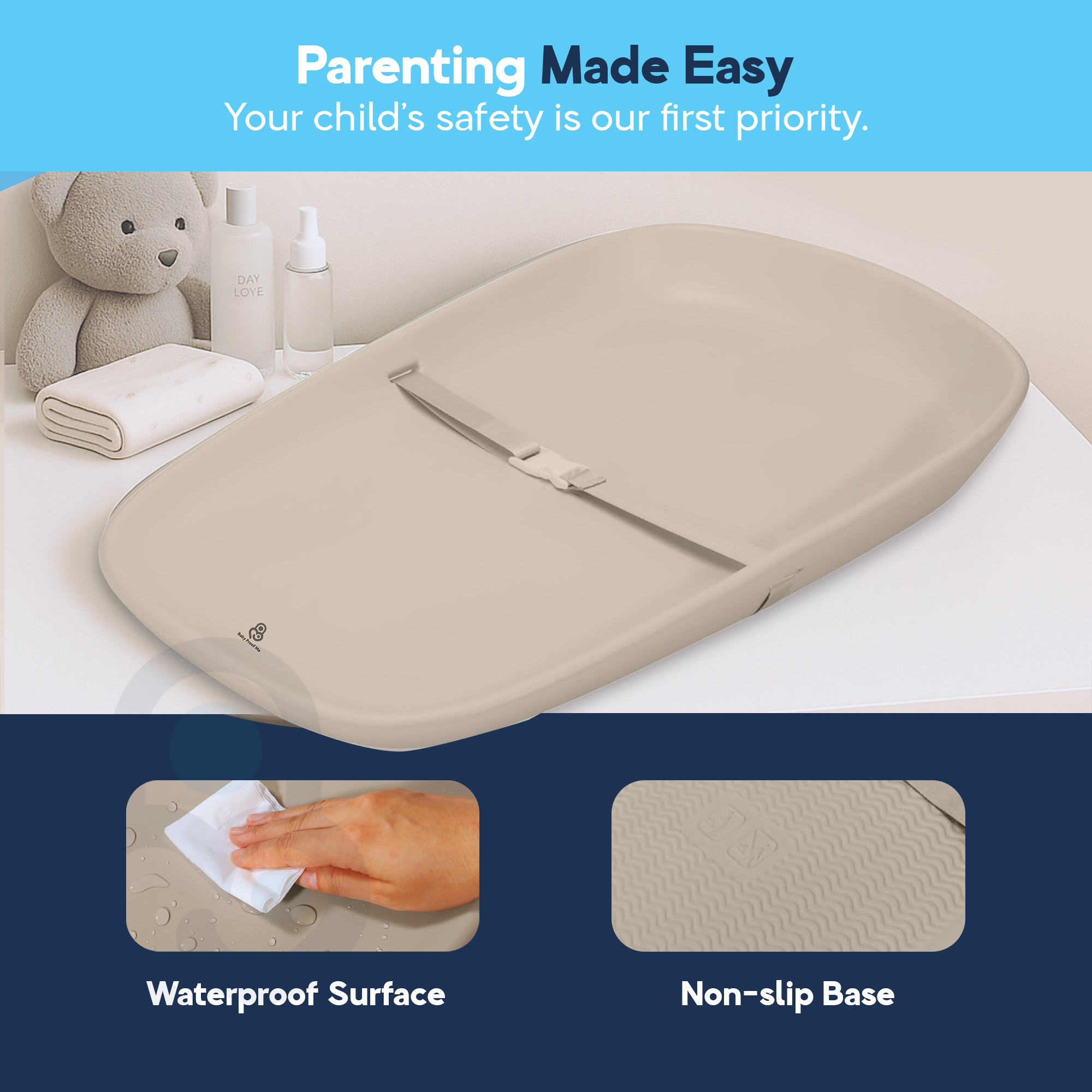 Beige changing pad waterproof surface wipe-down and non-slip textured base close-up callouts