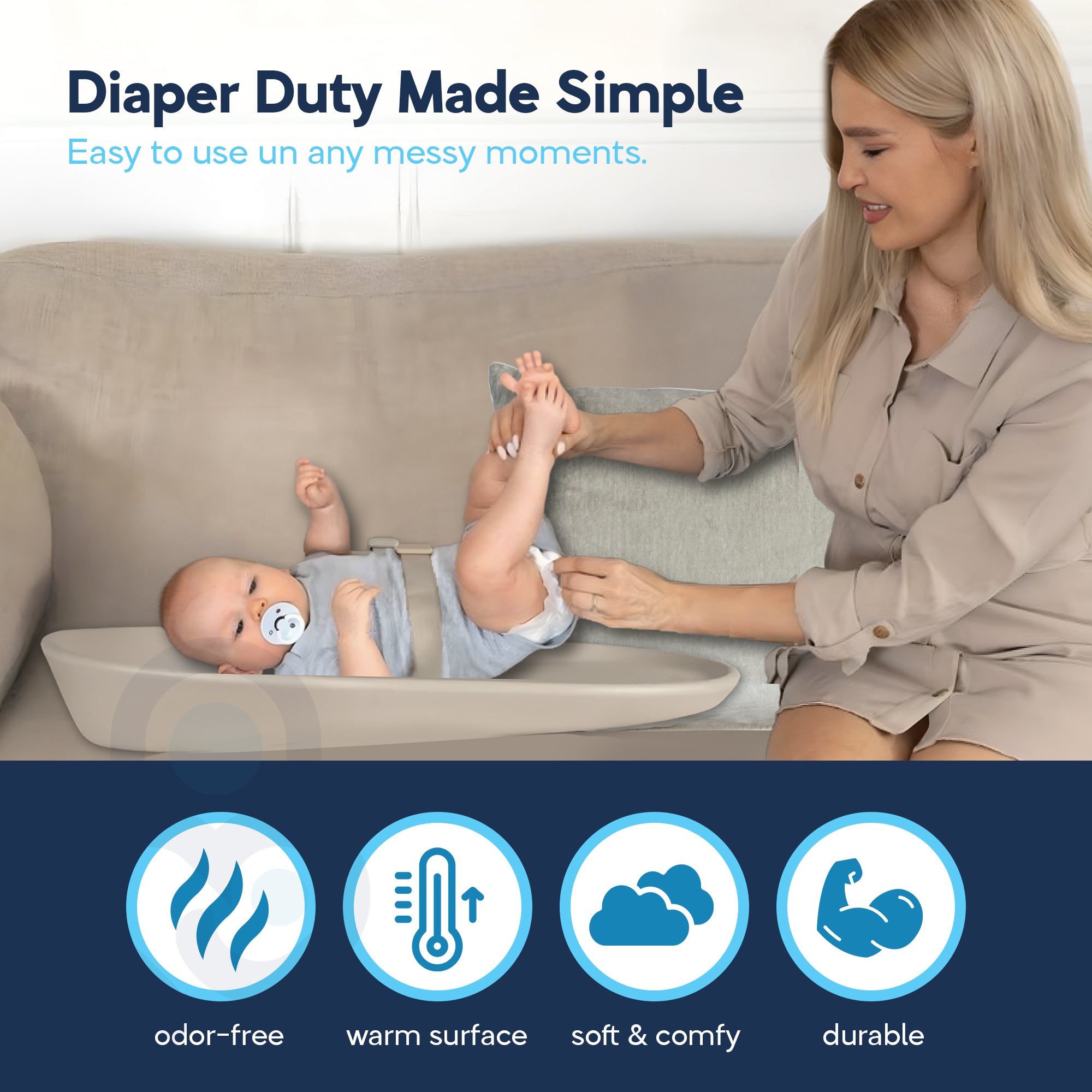 Mom changing baby on beige EVA foam pad atop sofa, odor-free warm surface soft and durable icons below
