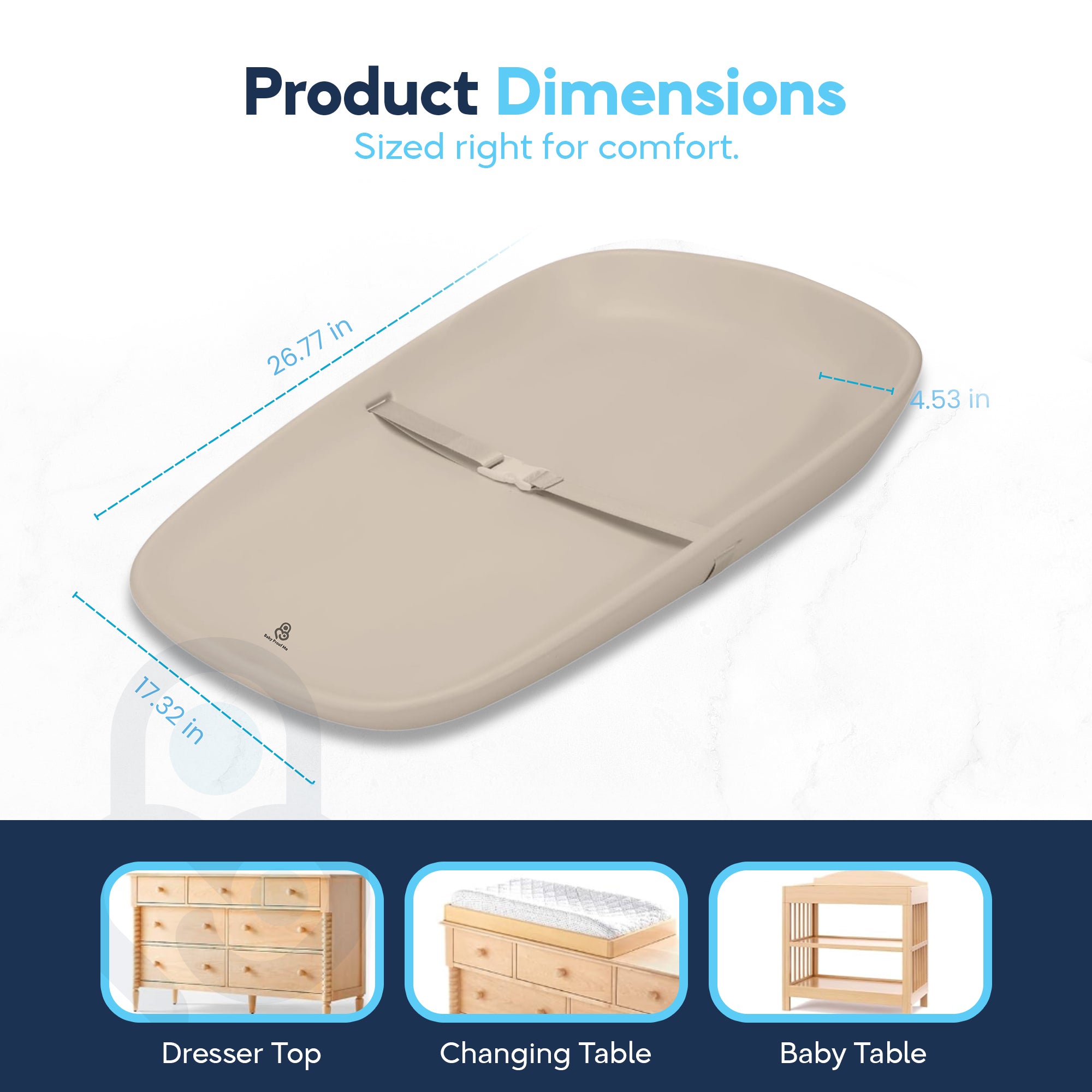 Nest Eva Diaper Changing Pad dimensions: 26.77x17.32x4.53 in, fits dresser top, changing table, baby table