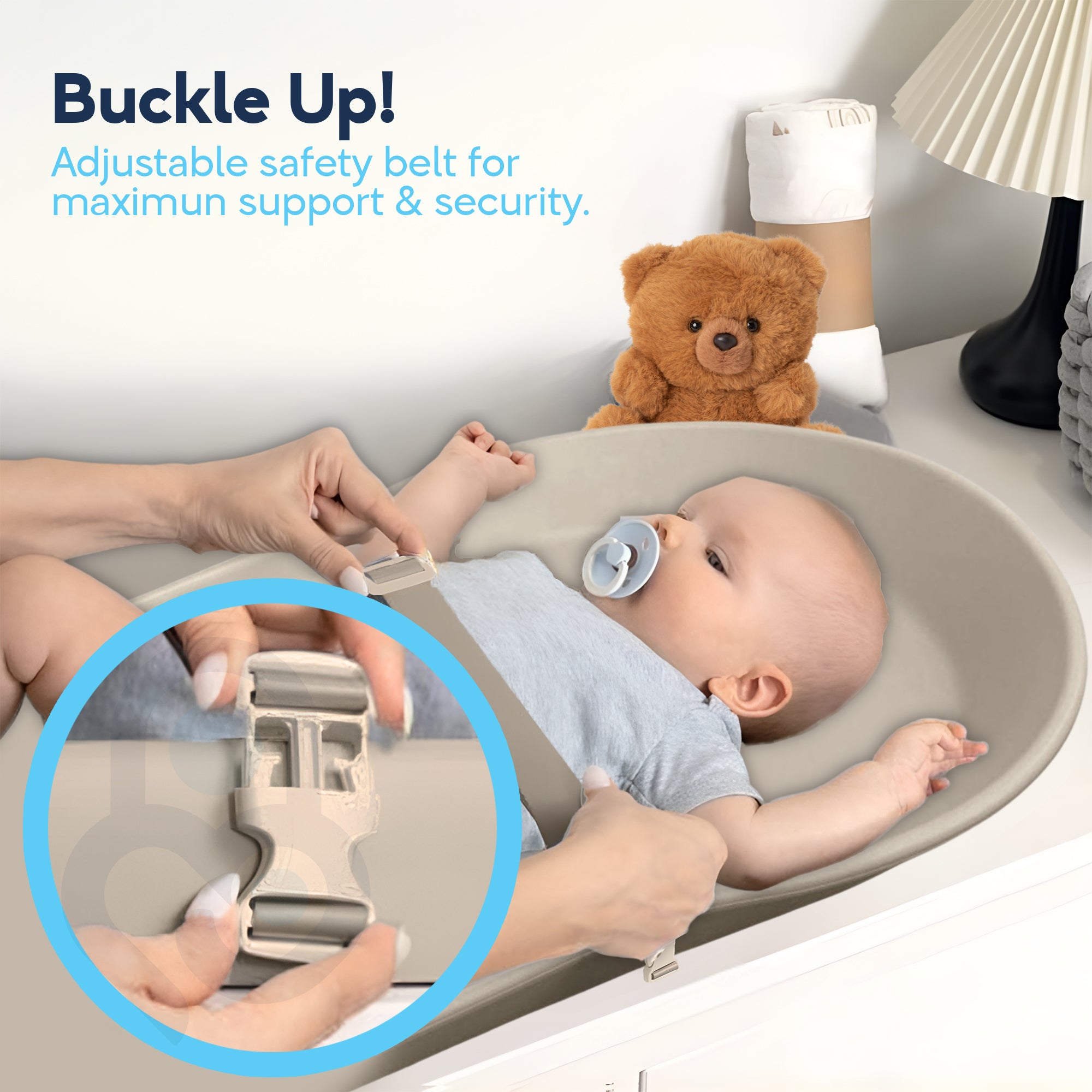 Parent buckling adjustable safety belt across infant lying on beige Pod EVA foam changing pad