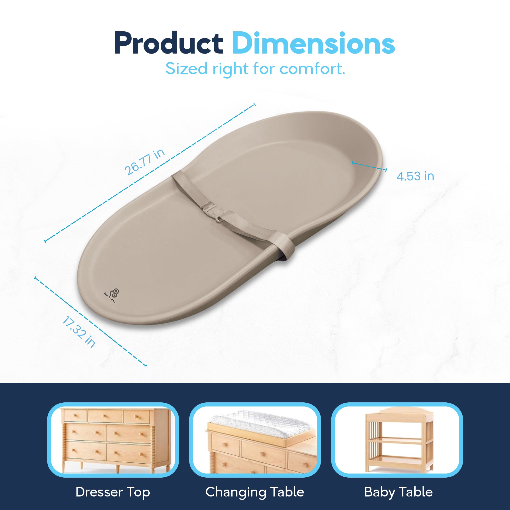 Beige Pod EVA changing pad dimensions diagram: 26.77 in x 17.32 in x 4.53 in, fits dresser and table