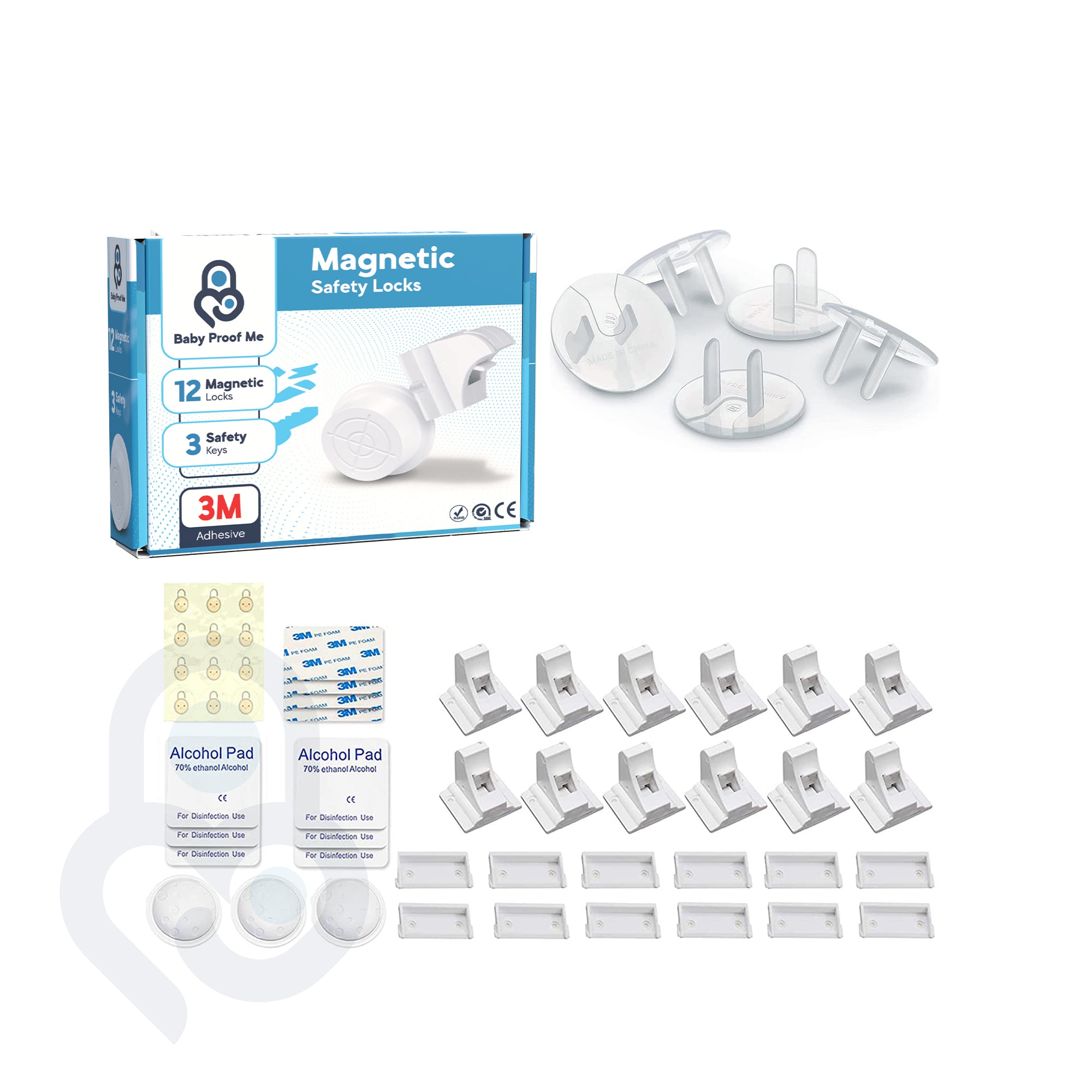 Baby Proof Me magnetic locks and outlet covers bundle: retail box, 12 locks, 3 keys, 3M adhesive pads