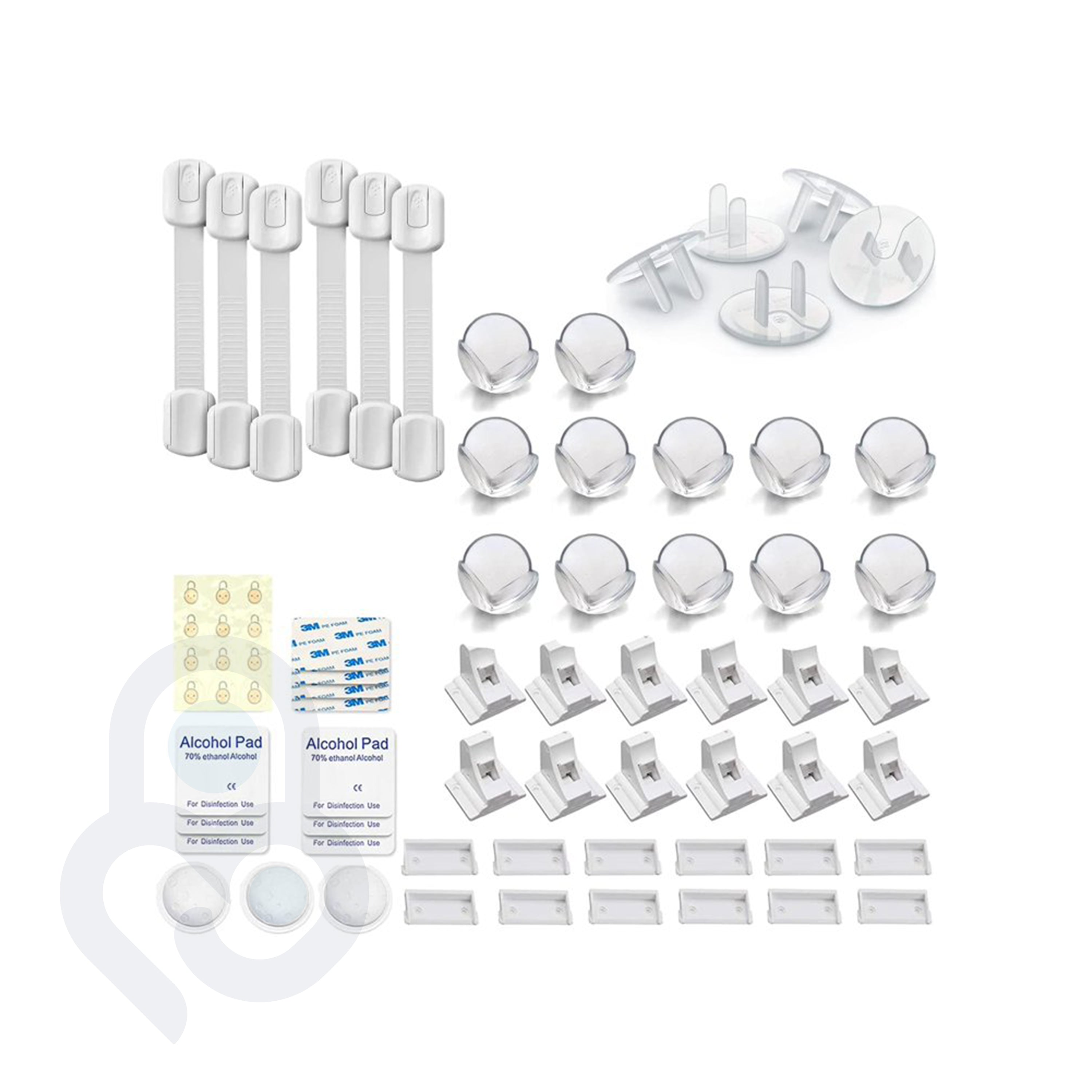 Complete baby safety kit: 6 strap locks, 12 corner guards, outlet covers, 3M adhesive pads, and alcohol wipes