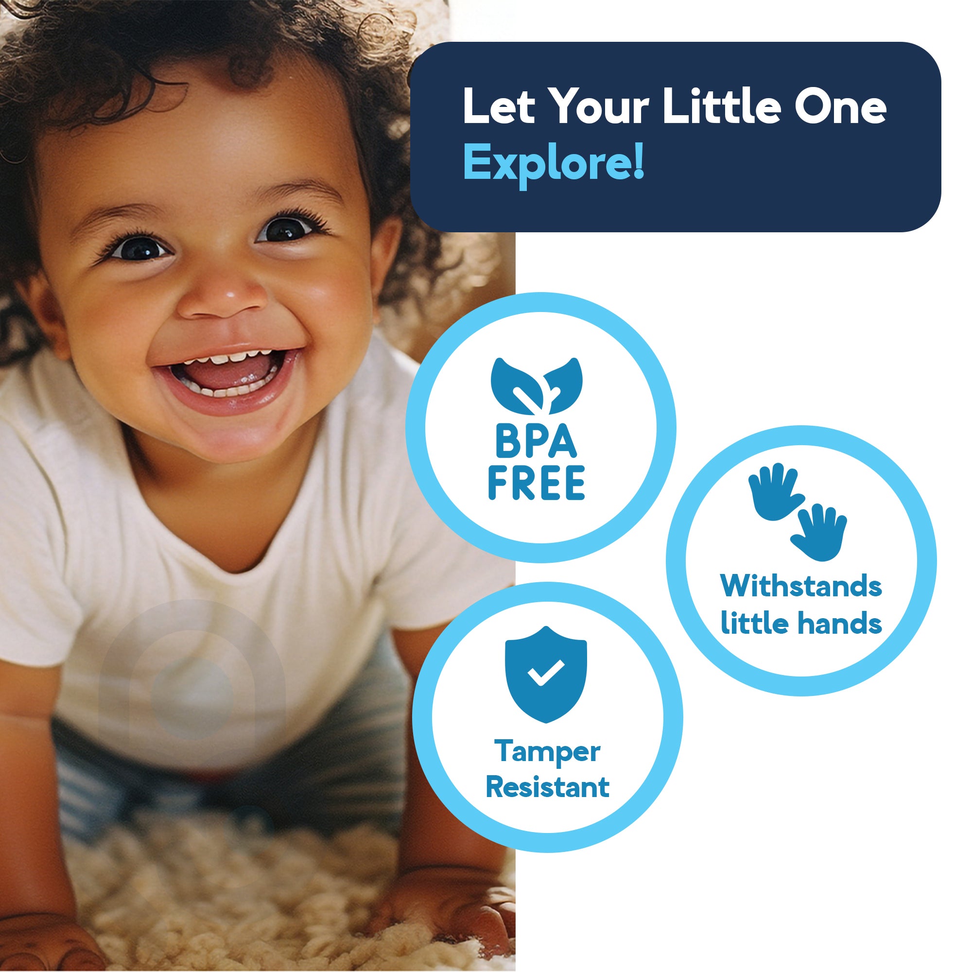 Smiling baby crawling on rug beside BPA-free, tamper-resistant TPE corner protector safety badges