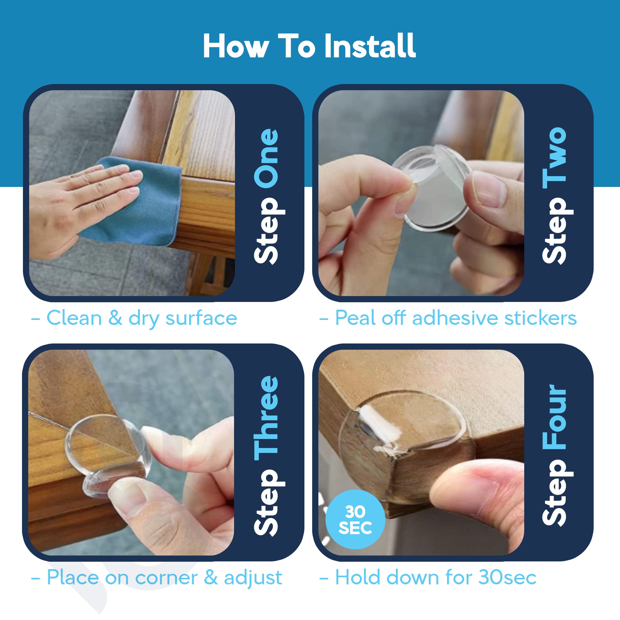 4-step corner protector install guide: clean surface, peel adhesive, place on wood corner, press 30 seconds