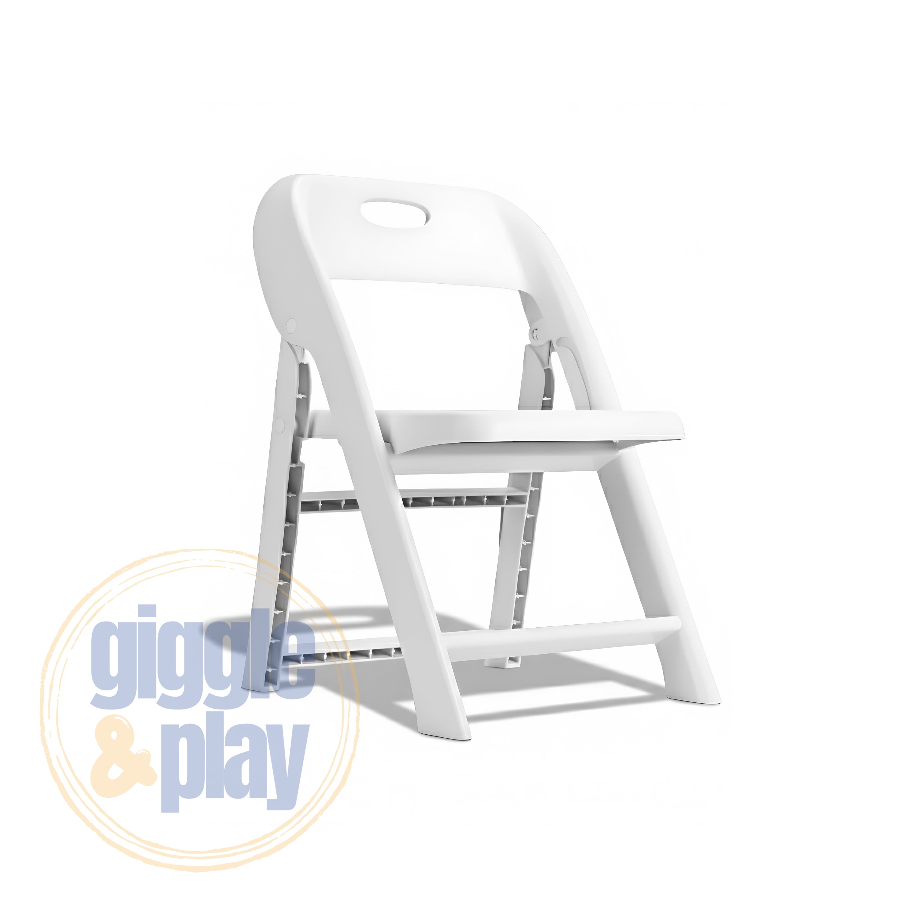 White kids folding chair in open position, fold-flat PP plastic build with carry handle cutout in backrest