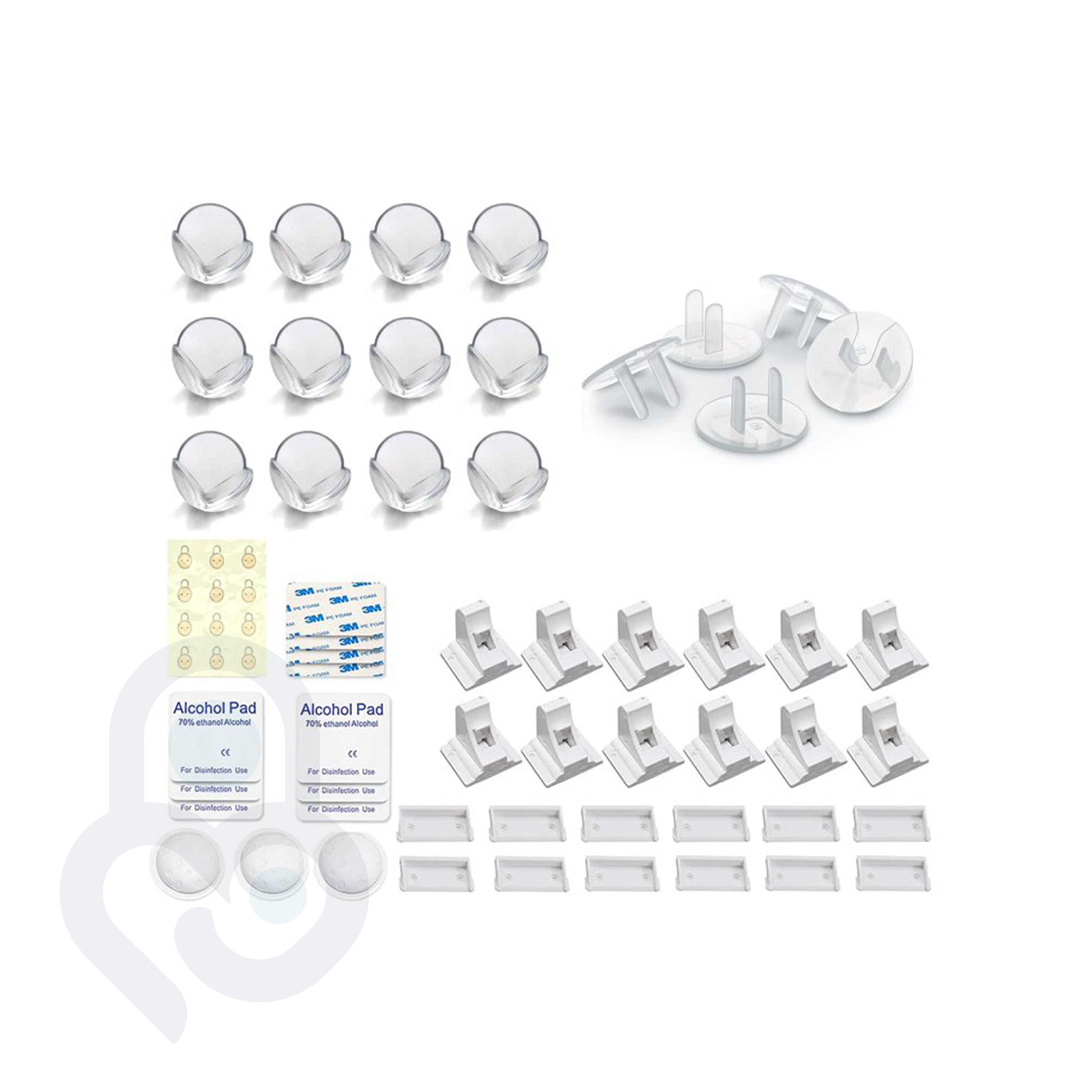 Full House Safety Kit: 12 corner guards, 6 outlet covers, magnetic locks, 3M adhesive pads, alcohol wipes