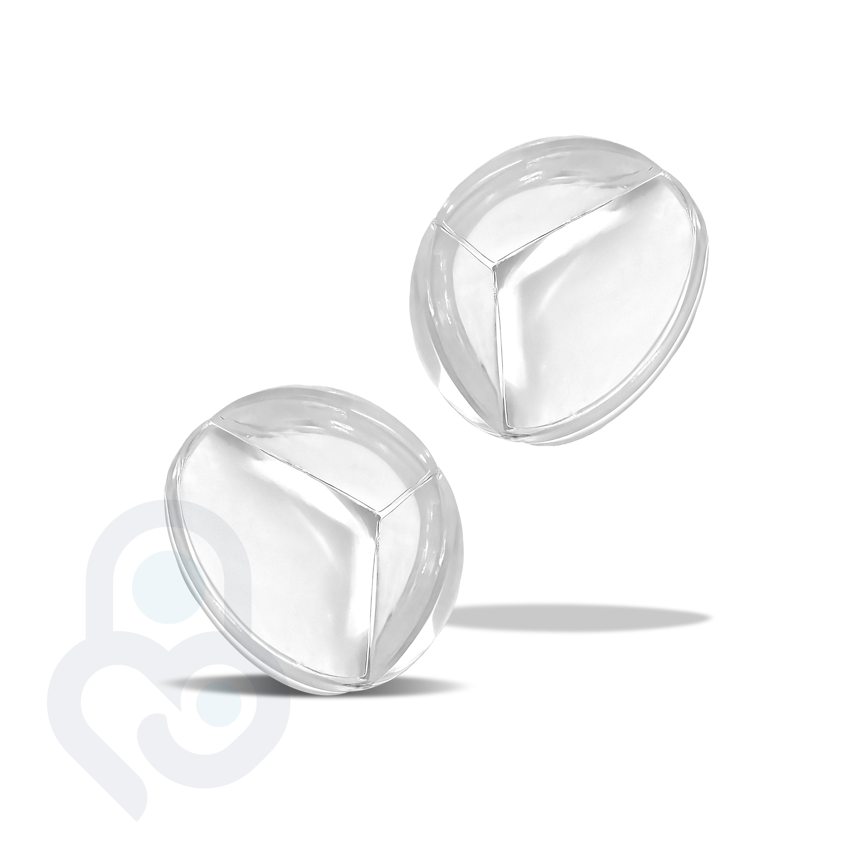 Pair of clear dome-shaped large TPE corner protectors with tri-panel flex design, 2 of 12-pack shown