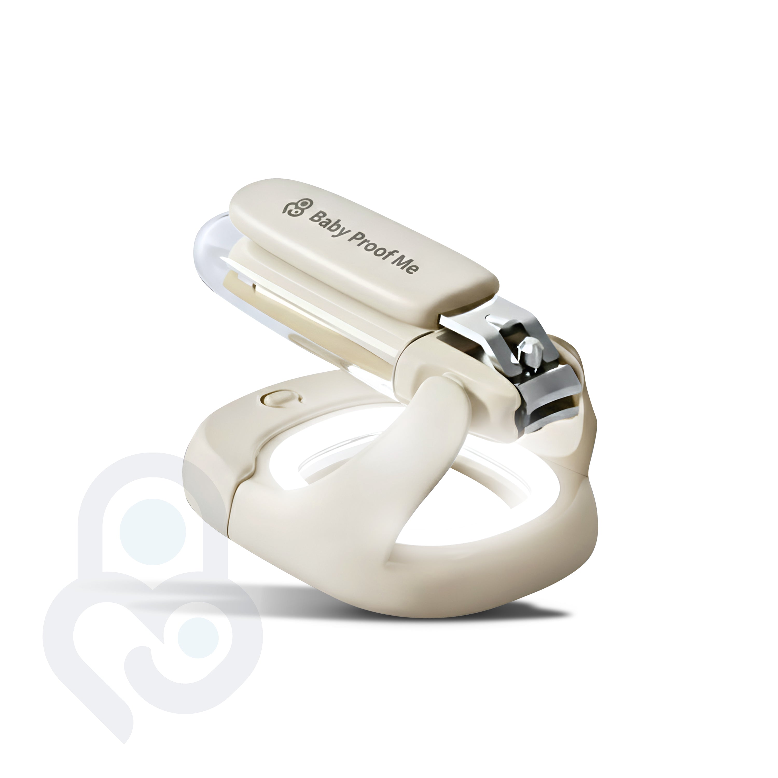 Baby Proof Me baby nail clipper with built-in LED light, magnifier lid open, stainless steel blade visible
