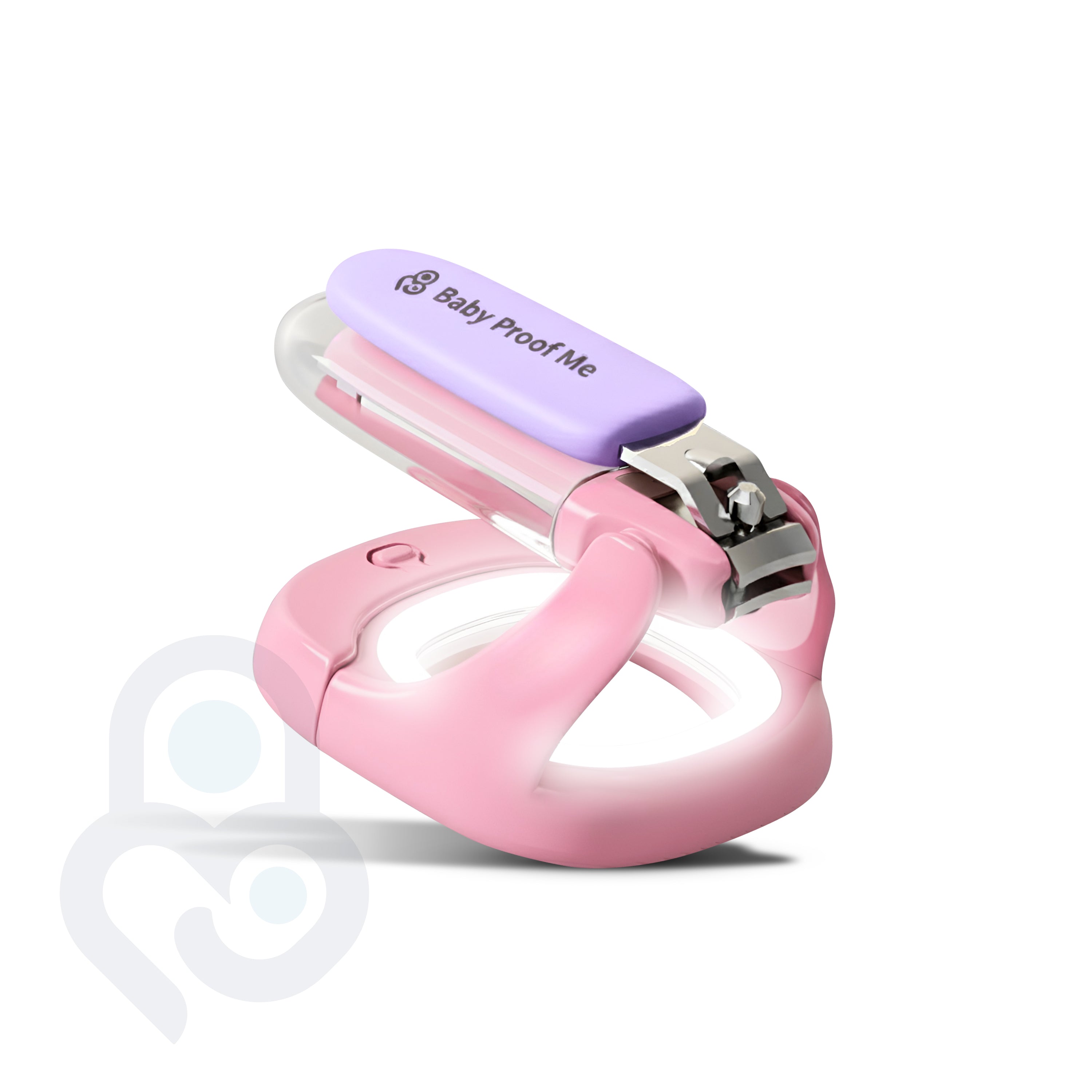 Baby Proof Me baby nail clipper & filer in pink, lid open revealing stainless steel blade and purple magnifier cap