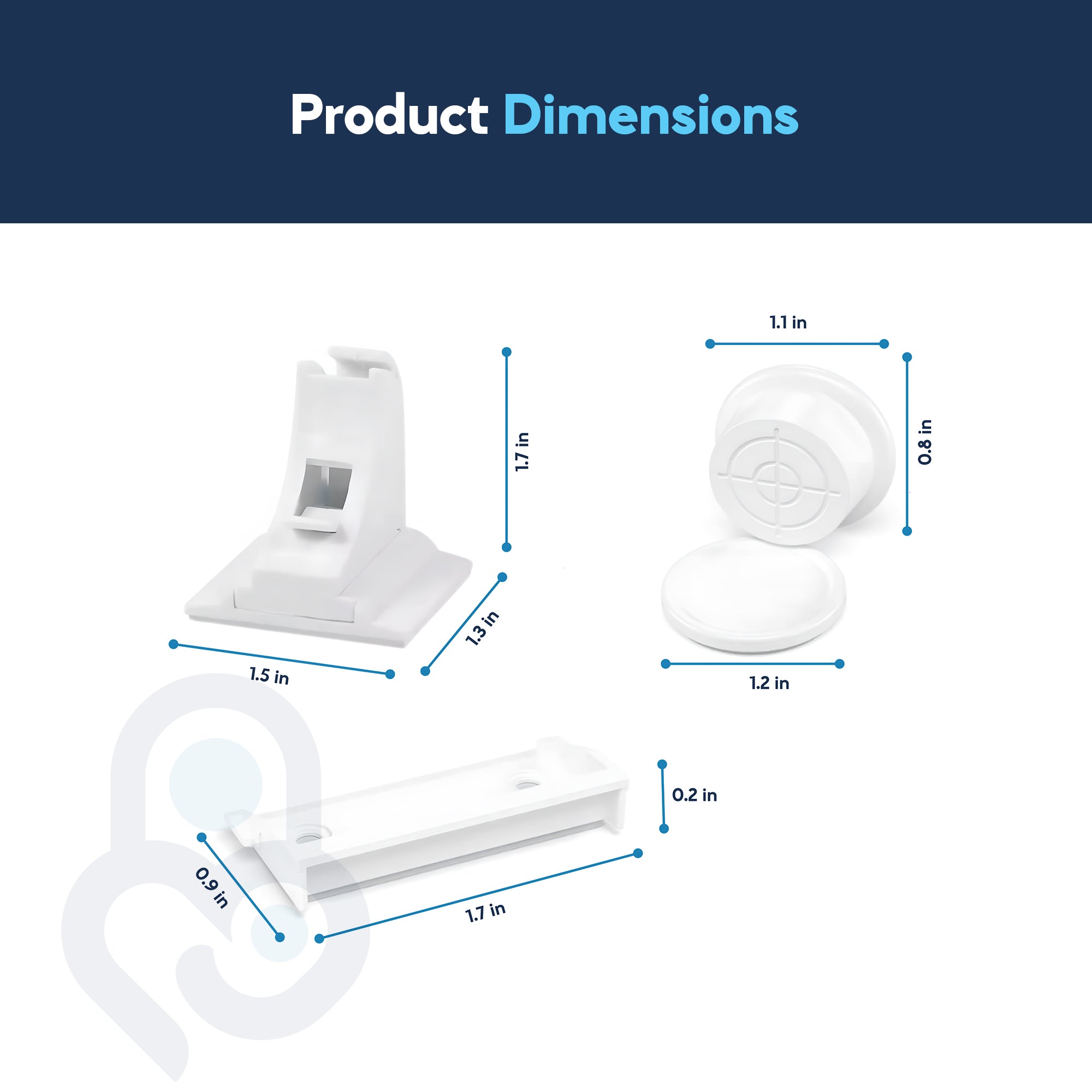 Magnetic cabinet lock component dimensions: latch body 1.7 in tall, catcher 1.2 in wide, strike plate 1.7 in long