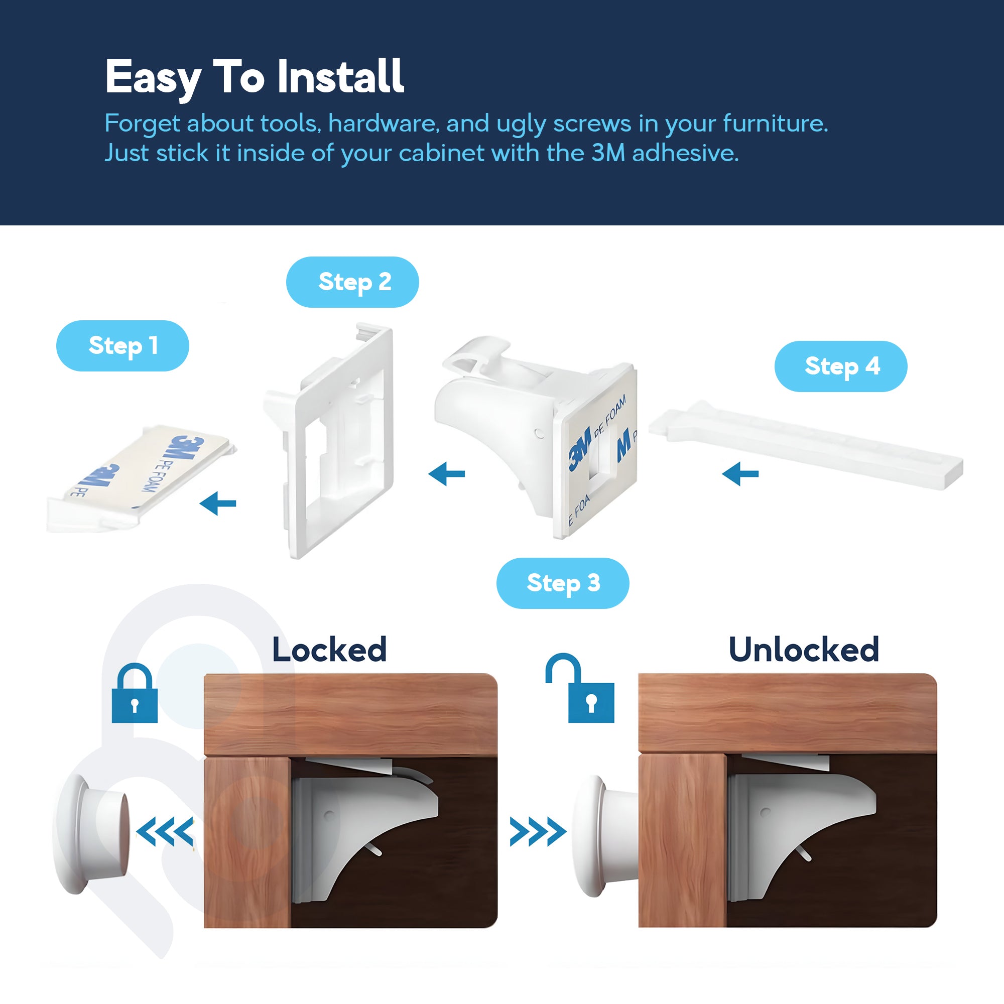 4-step no-drill magnetic cabinet lock install guide showing 3M adhesive mount, locked and unlocked states