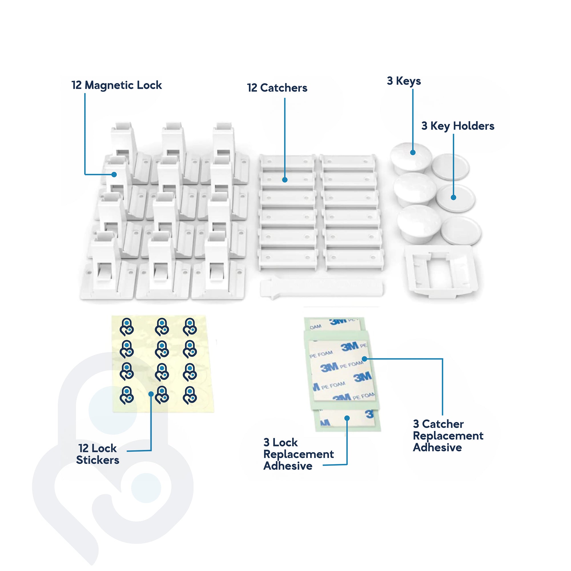 12-pack magnetic cabinet lock kit with 12 catchers, 3 keys, 3M PE foam replacement adhesives, labeled flat lay