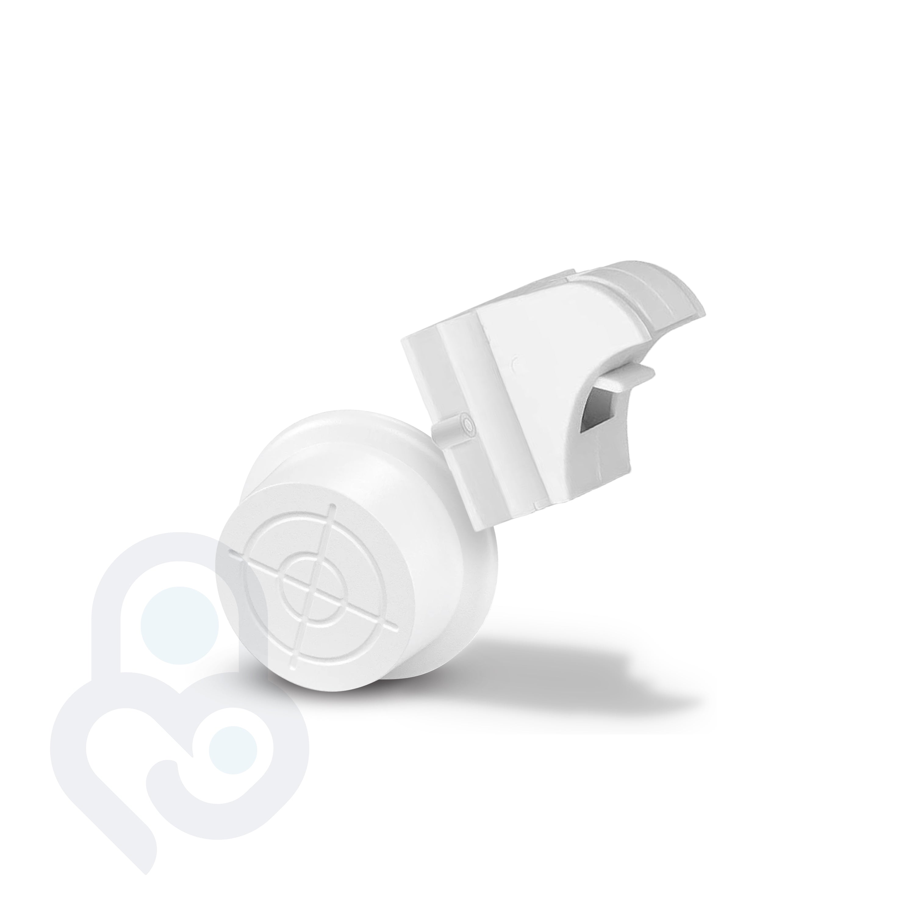 White magnetic cabinet lock lying on its side, crosshair release face and open clip-mount bracket visible