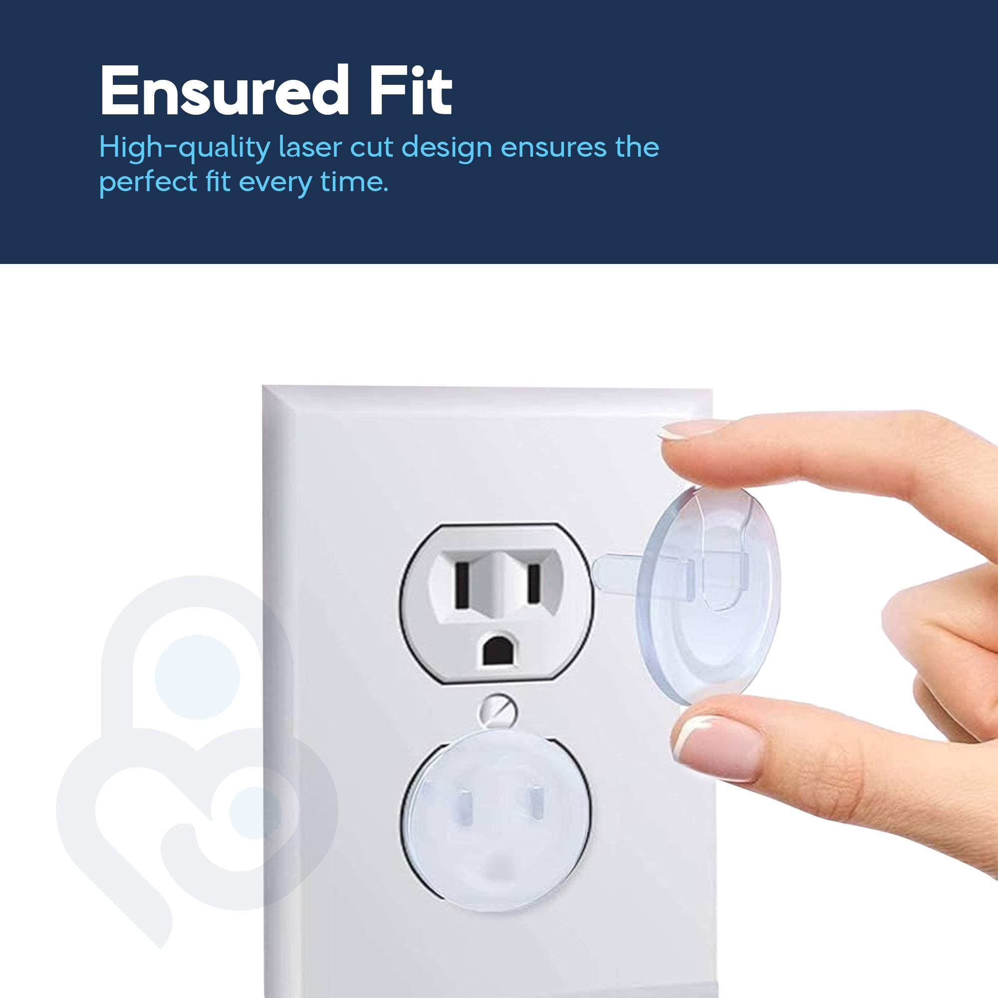 Hand inserting laser-cut clear outlet cover into standard US duplex wall outlet, one cover already seated