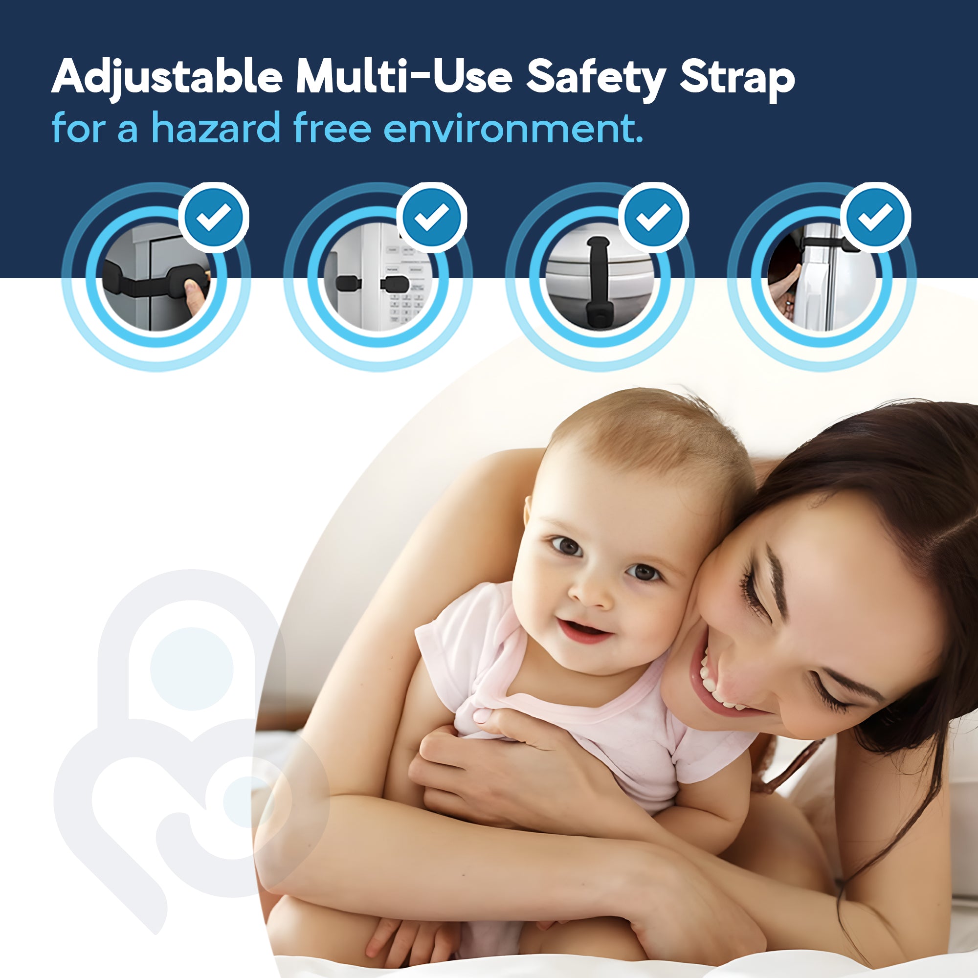 Mother holding smiling baby beside 4-use icons: black adjustable strap lock on cabinets, microwave, toilet, fridge