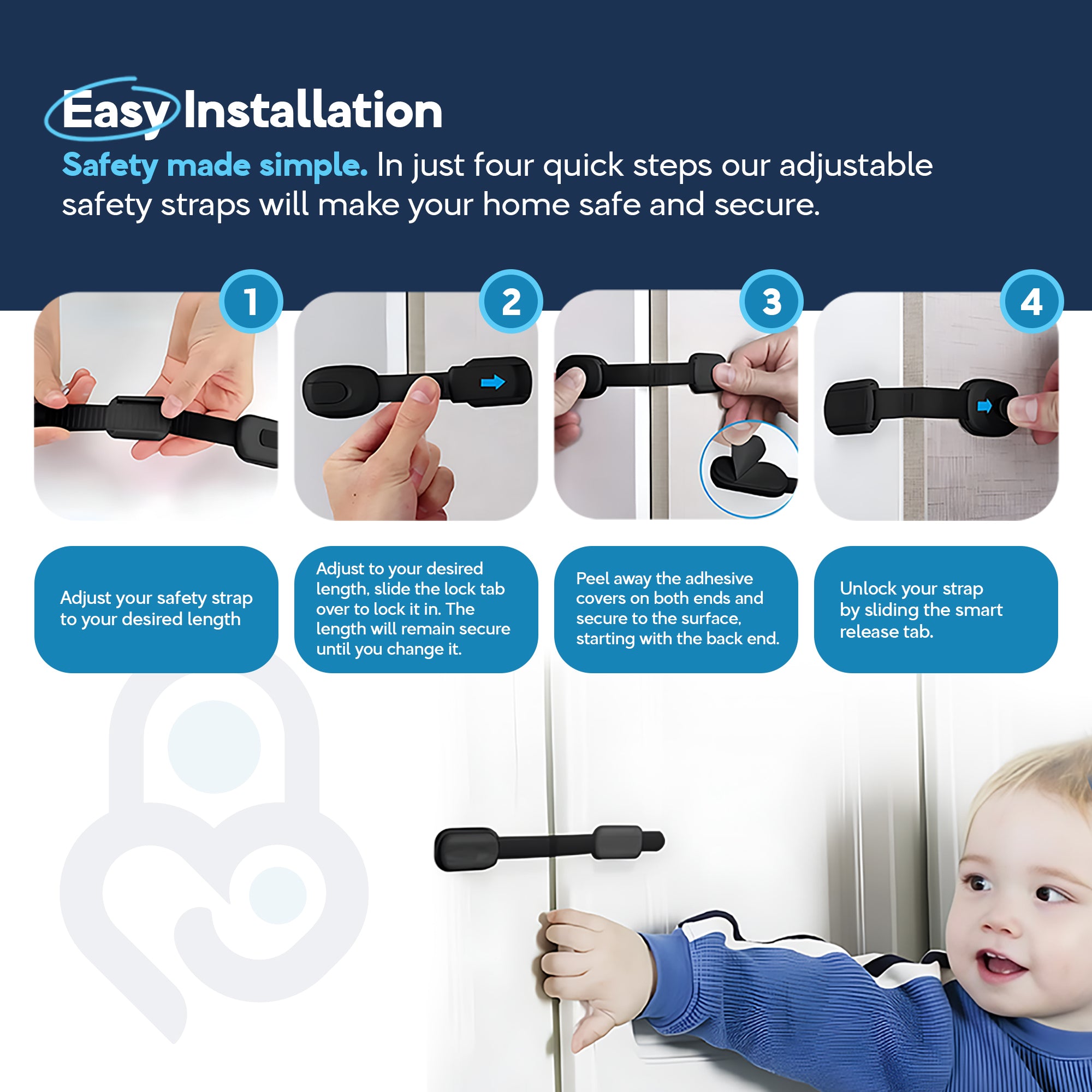 4-step install guide: adjust, lock tab, peel 3M adhesive, release — toddler pulling white cabinet door below