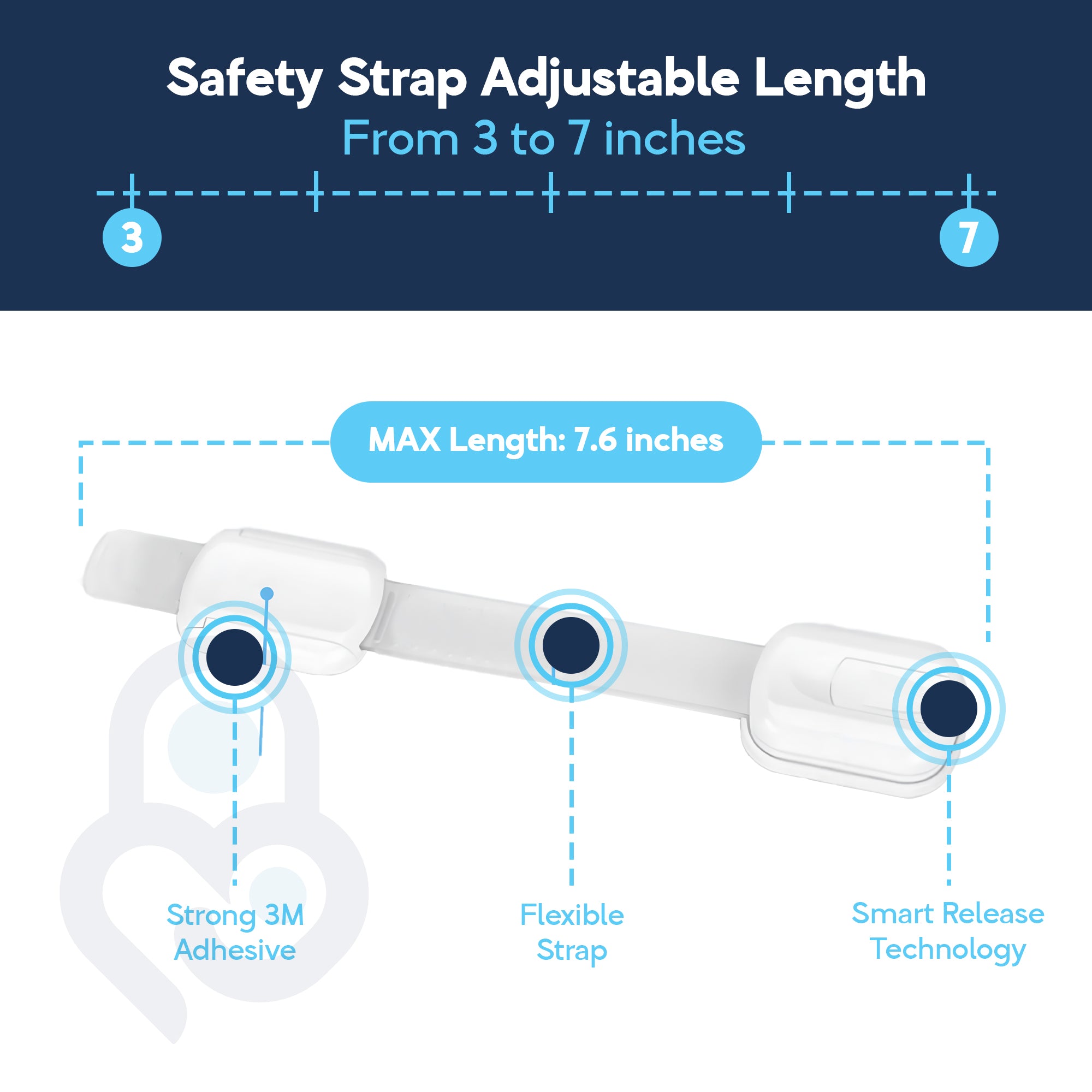 Safety strap lock adjustable length diagram: 3 to 7 inches, flexible strap, smart release, 3M adhesive