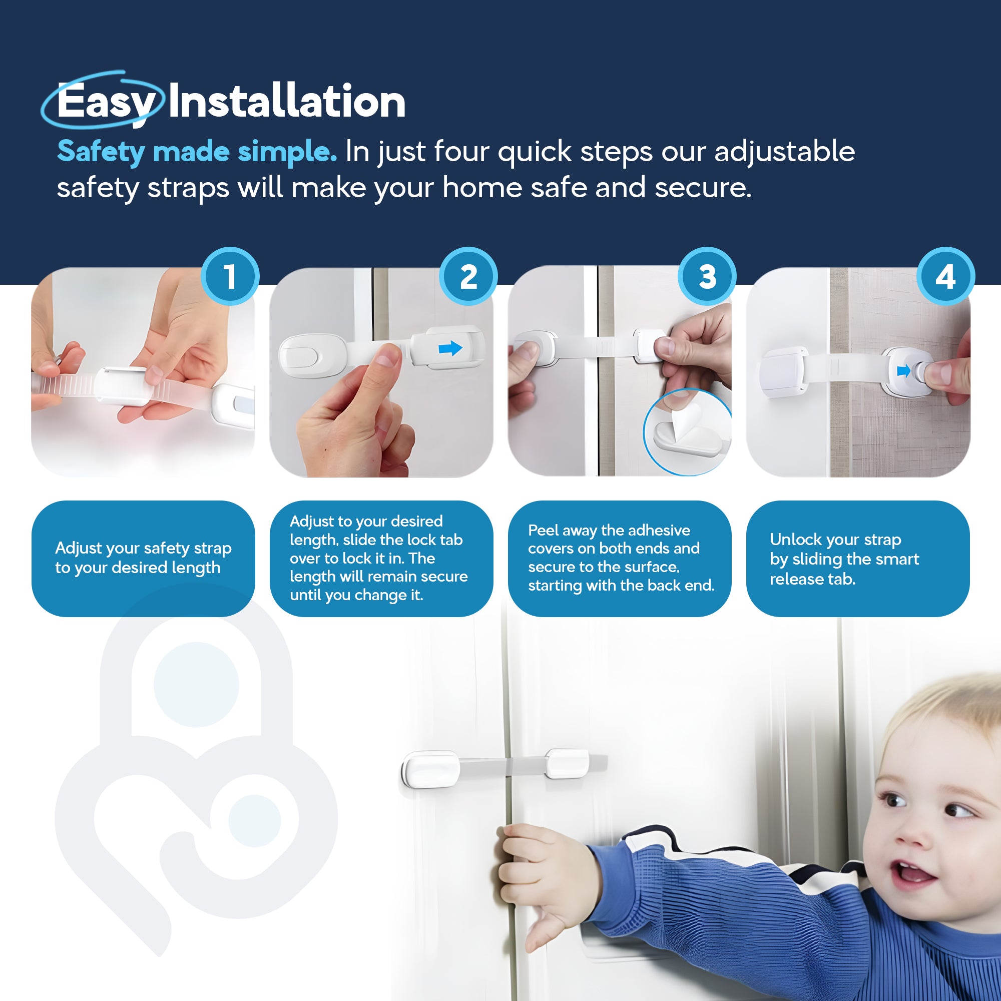 4-step install guide: adjust strap length, lock tab, peel adhesive, slide smart release — toddler at secured door