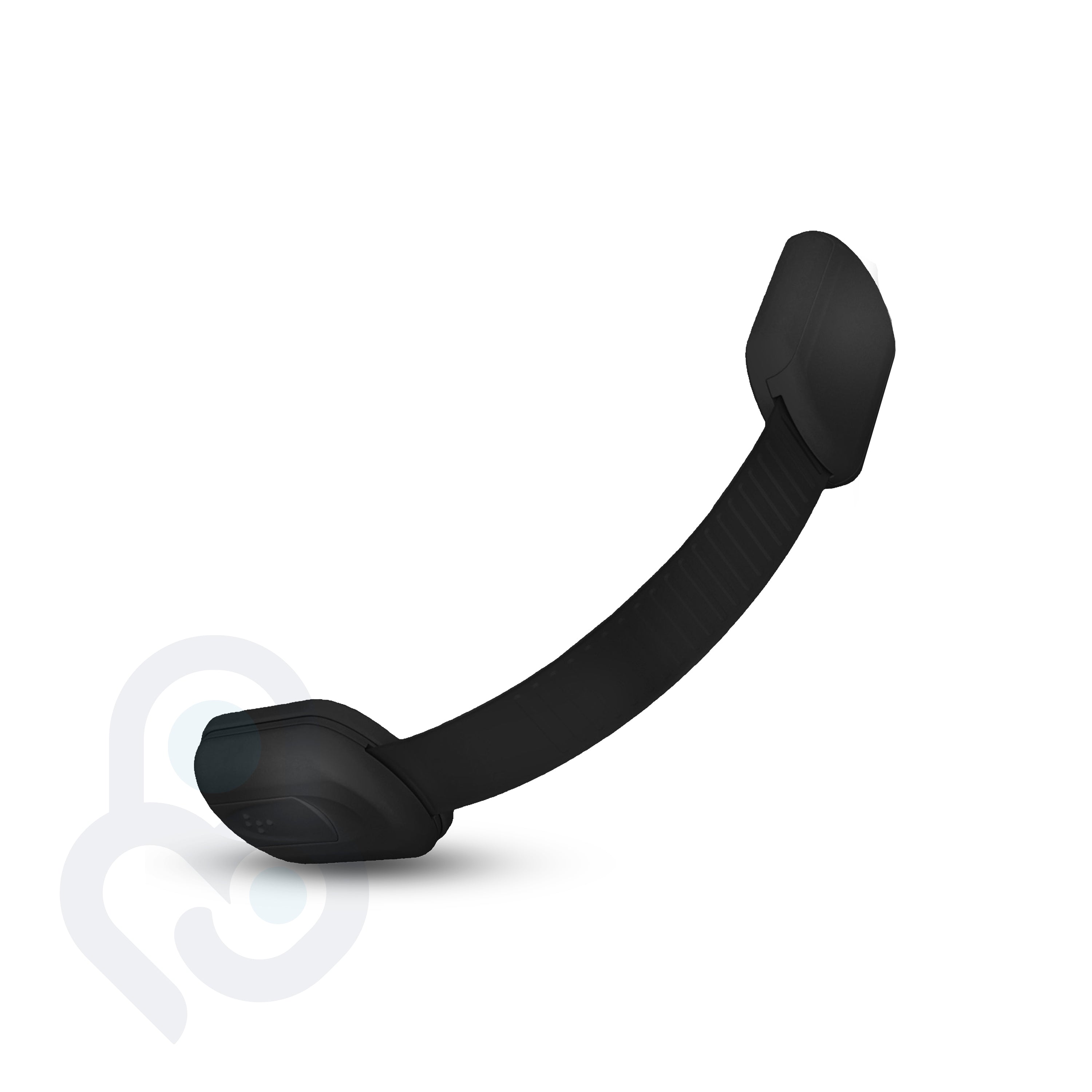 Black adjustable strap lock curved upright, ribbed flexible arm extended, control module with button panel visible