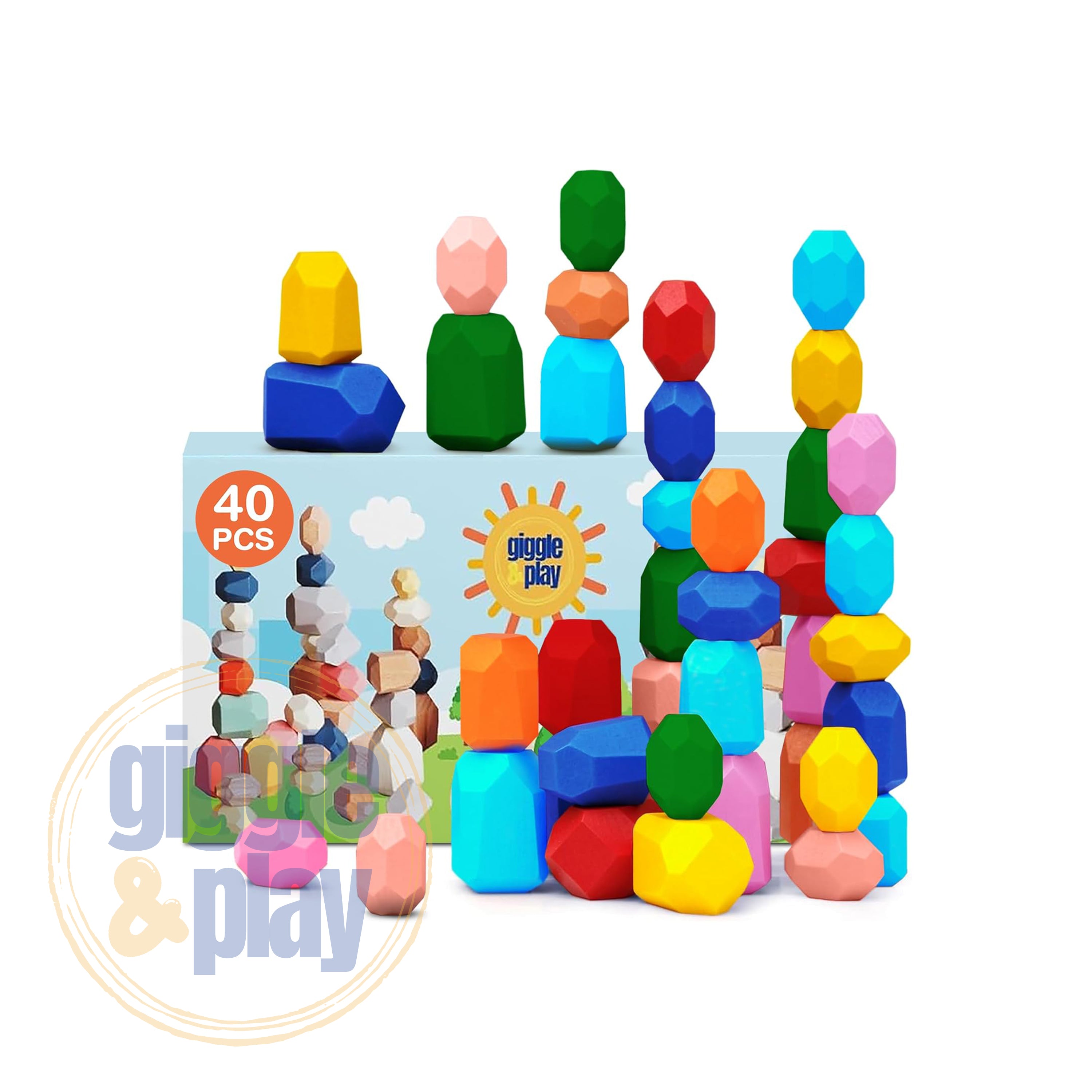 40-piece wooden stacking stones set with colorful faceted blocks arranged in tall towers beside retail box