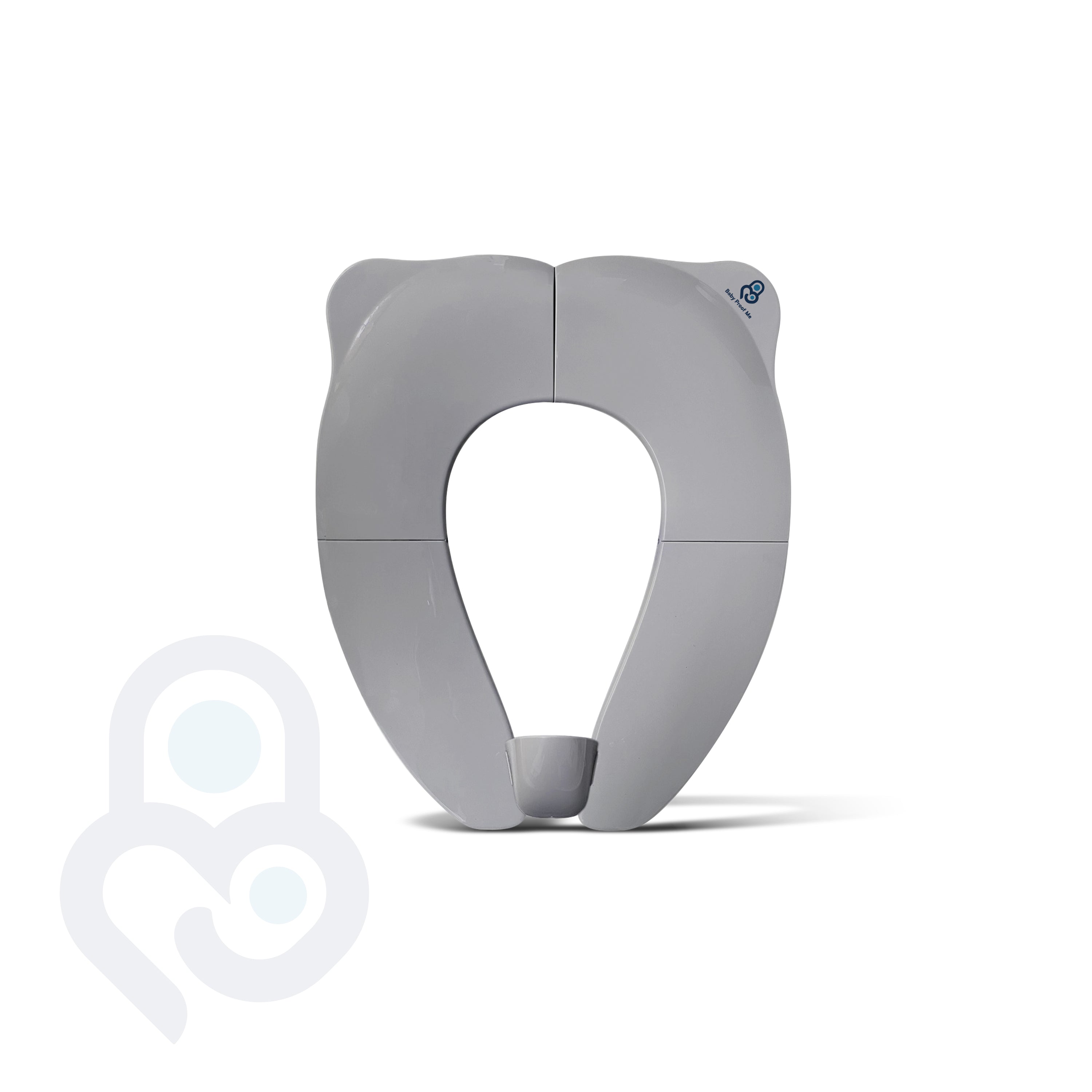 Grey foldable portable toilet seat trainer in open position, bear-ear shape, ABS construction, front view