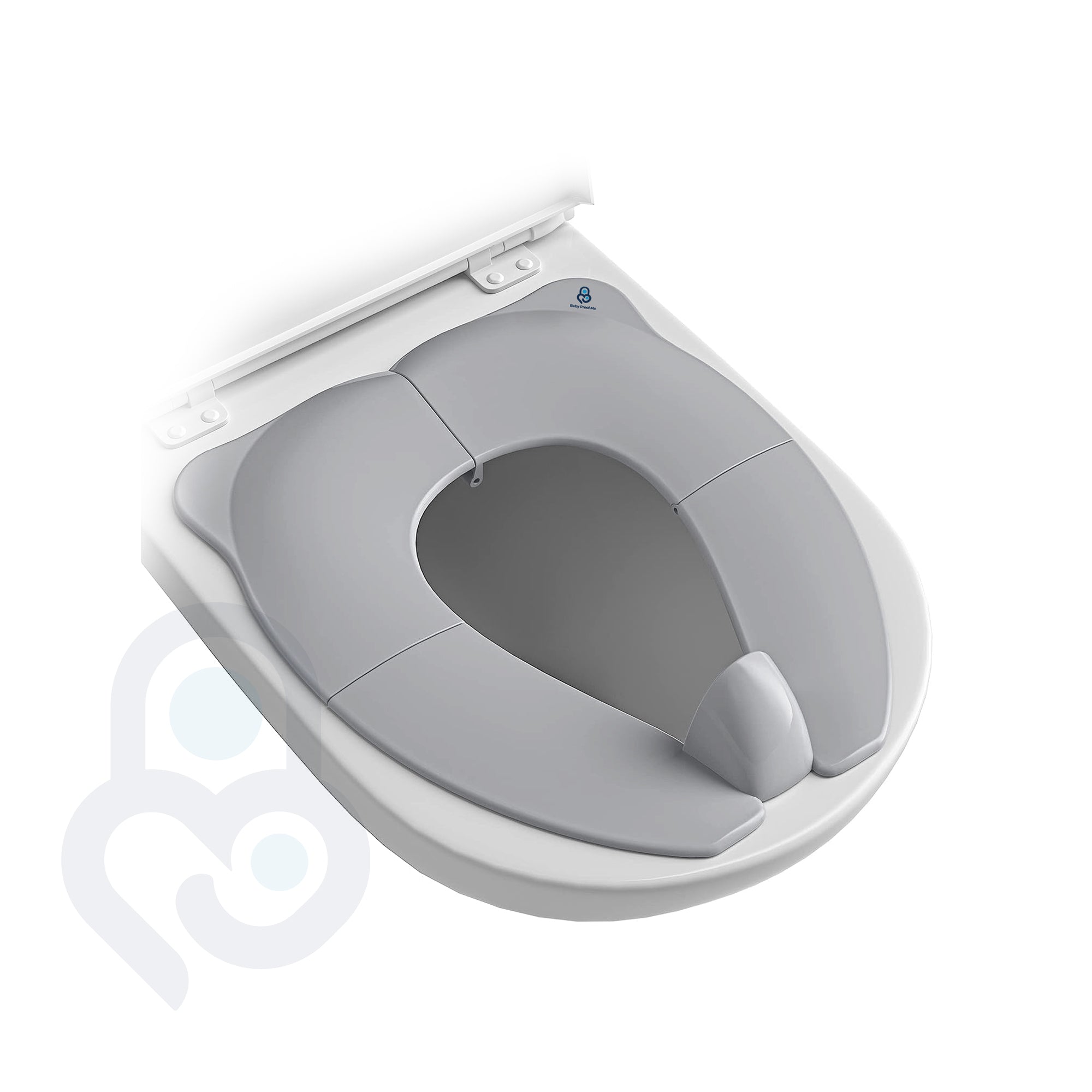 Grey foldable portable toilet seat trainer seated inside open white toilet, overhead angle showing reduced opening