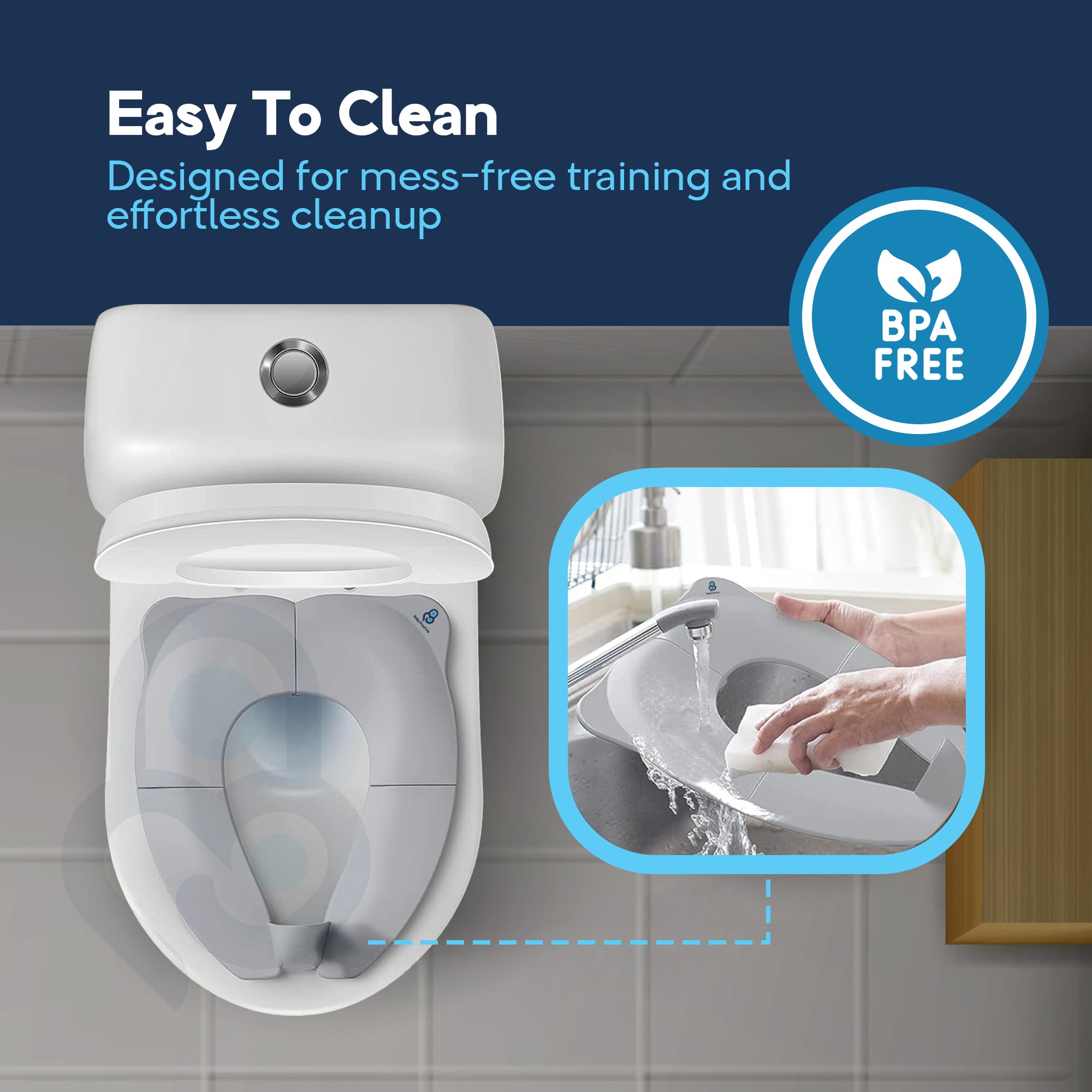 BPA-free portable toilet seat trainer shown installed on white toilet with sink rinse inset callout
