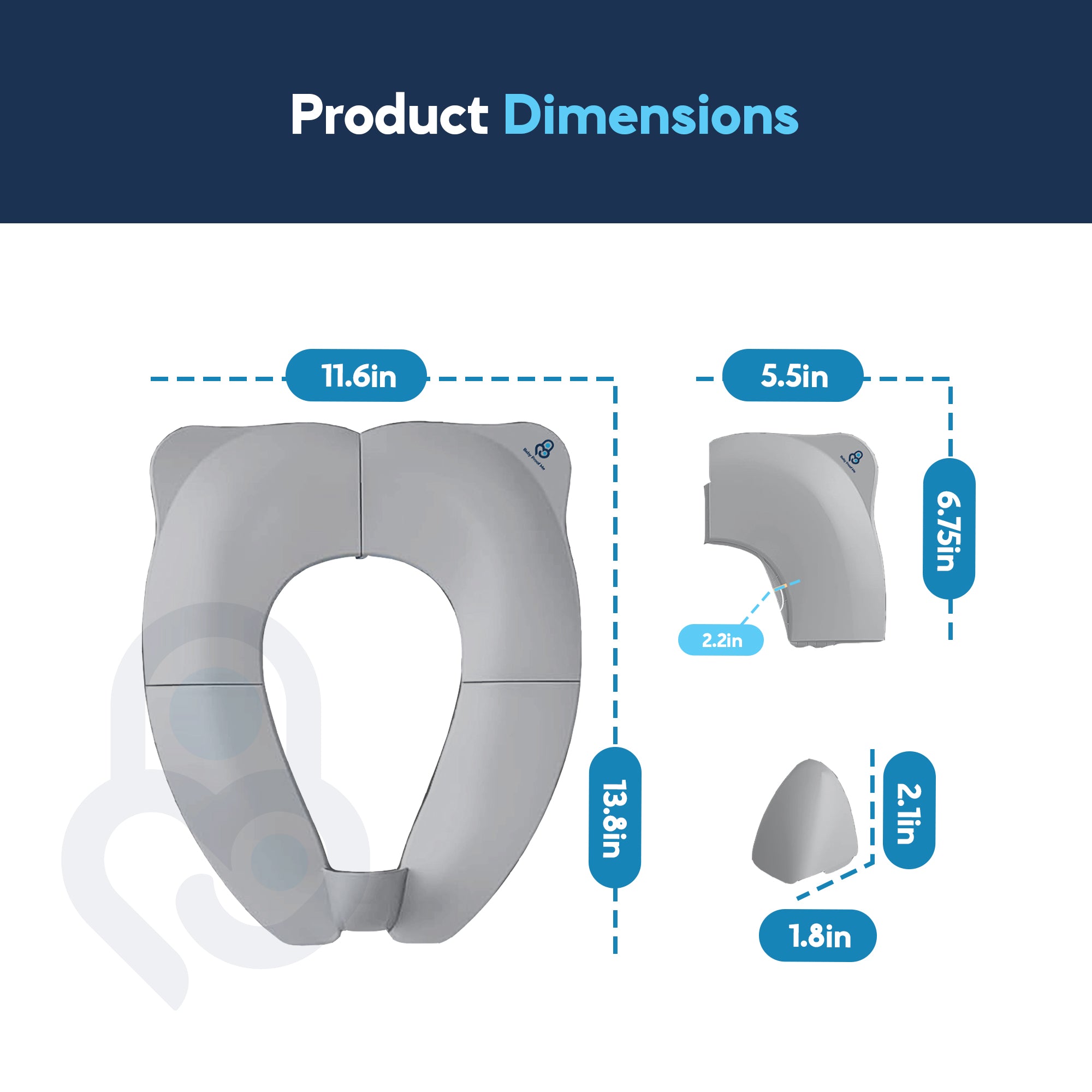 Portable toilet seat trainer dimension diagram: open 11.6×13.8in, folded 5.5×6.75in, hinge 2.2in depth