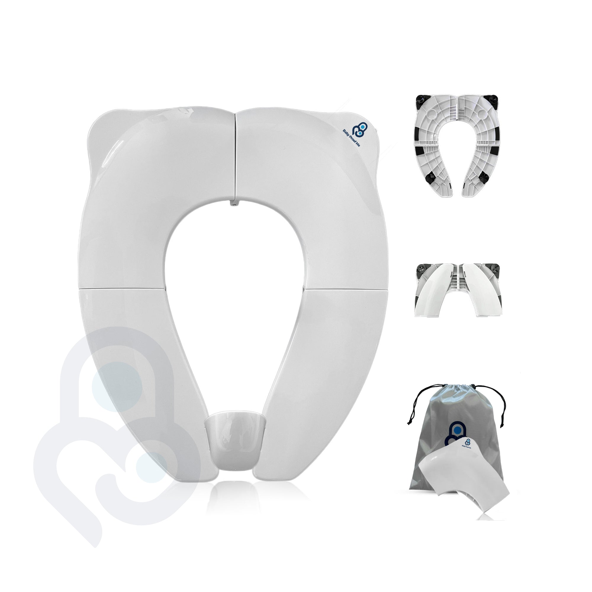 Foldable portable toilet seat trainer with drawstring travel bag, shown open, folded, and stored
