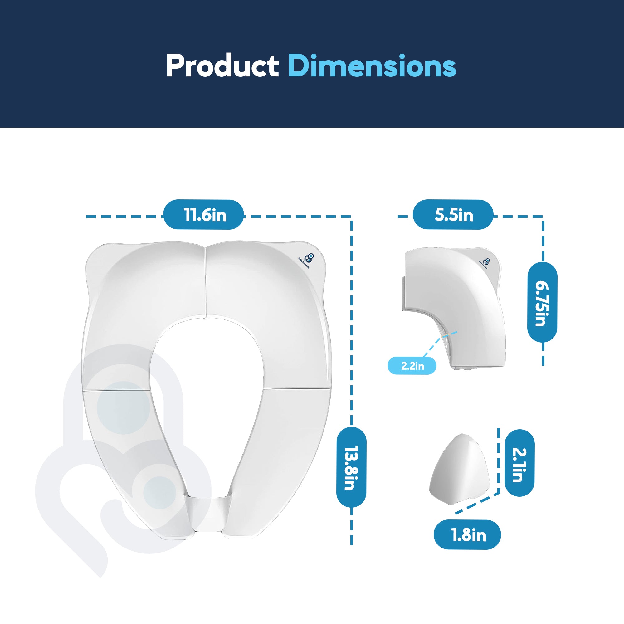 Portable toilet seat trainer dimensions diagram: 11.6×13.8in open, 5.5×6.75in folded