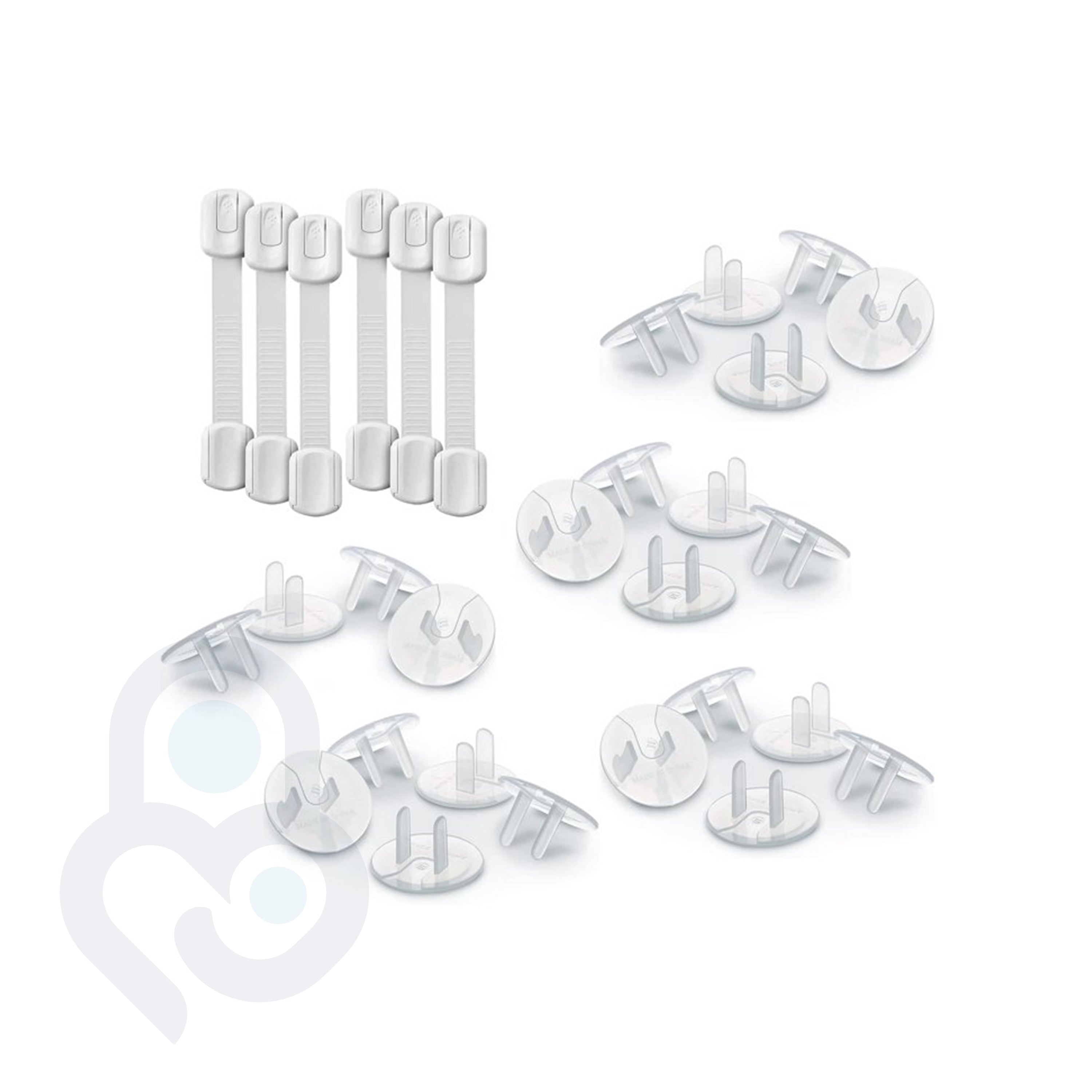 Tug & Plug Safety Kit with 6 adjustable strap locks and 24 clear outlet plug covers