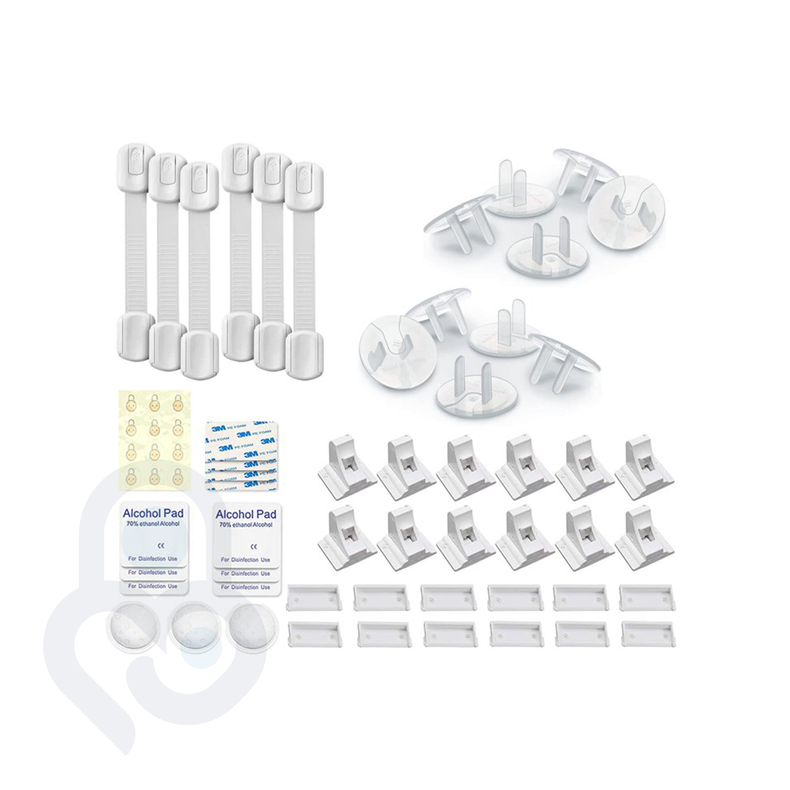 Zap Saver Child Safety Kit laid flat: 6 strap locks, 24 outlet covers, 12 cabinet locks, 3M adhesive pads