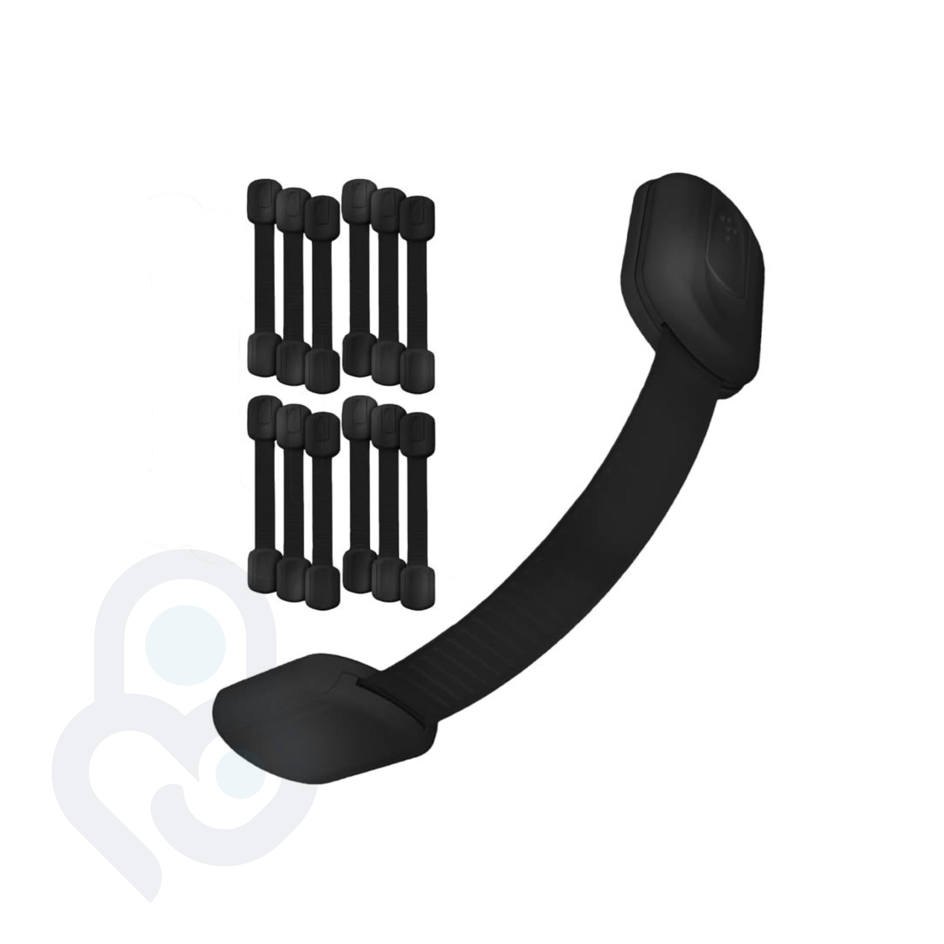 12-pack of black adjustable strap locks with one curved open beside eleven flat-stacked units