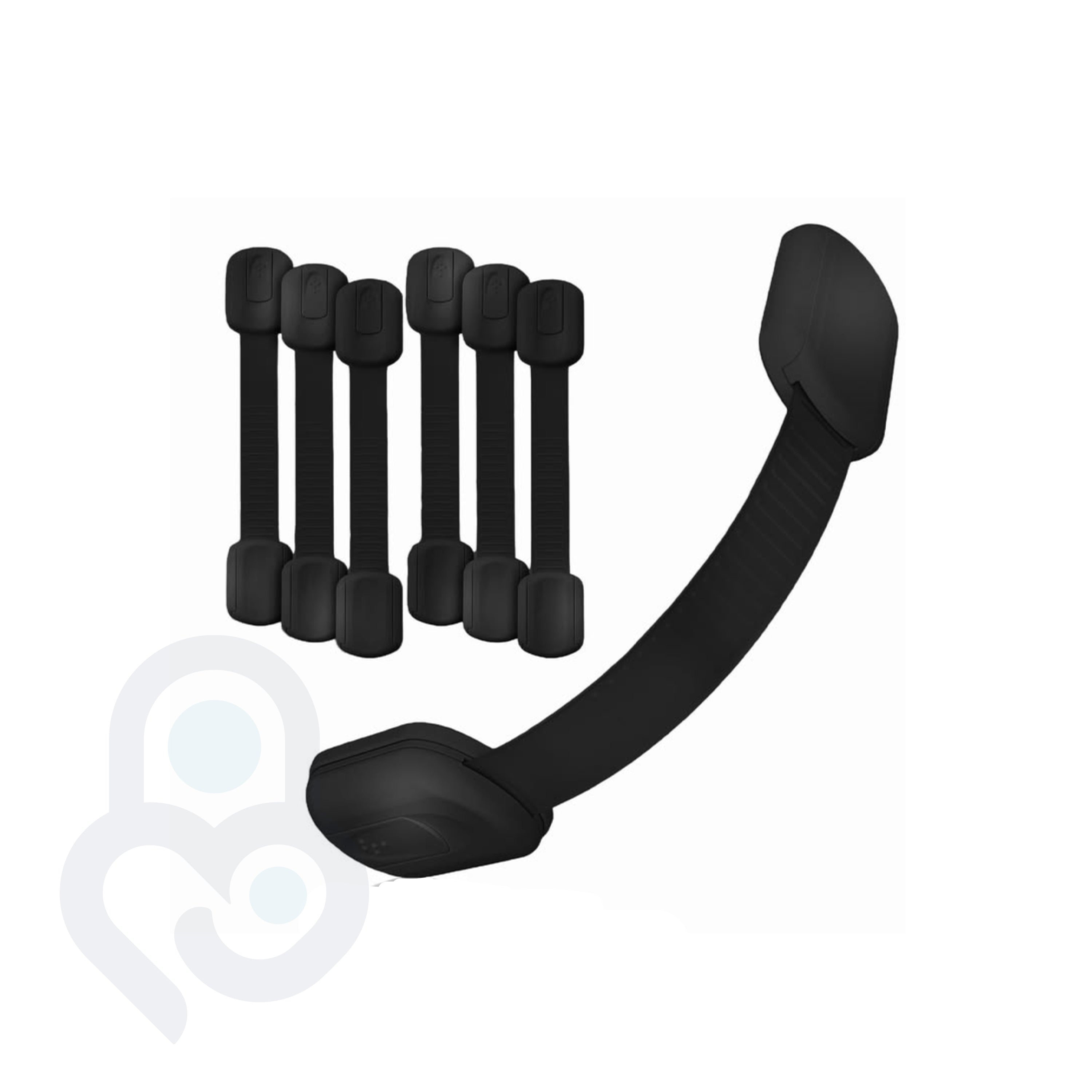 6-pack of black adjustable strap locks with one curved open to show flexible arm length