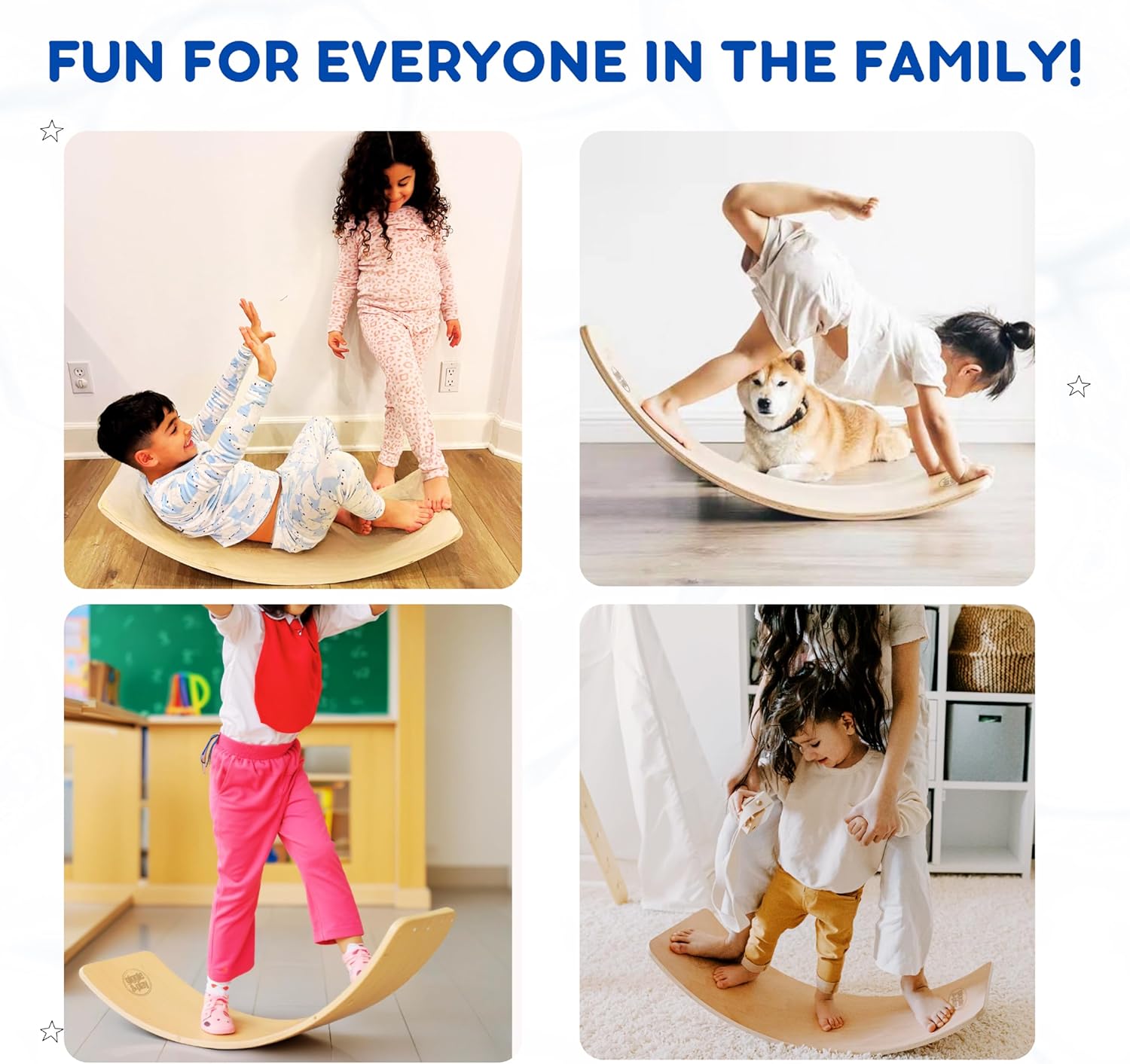 Four kids and a dog using a wooden balance board for toddlers as a rocker, bridge, and standing trainer indoors