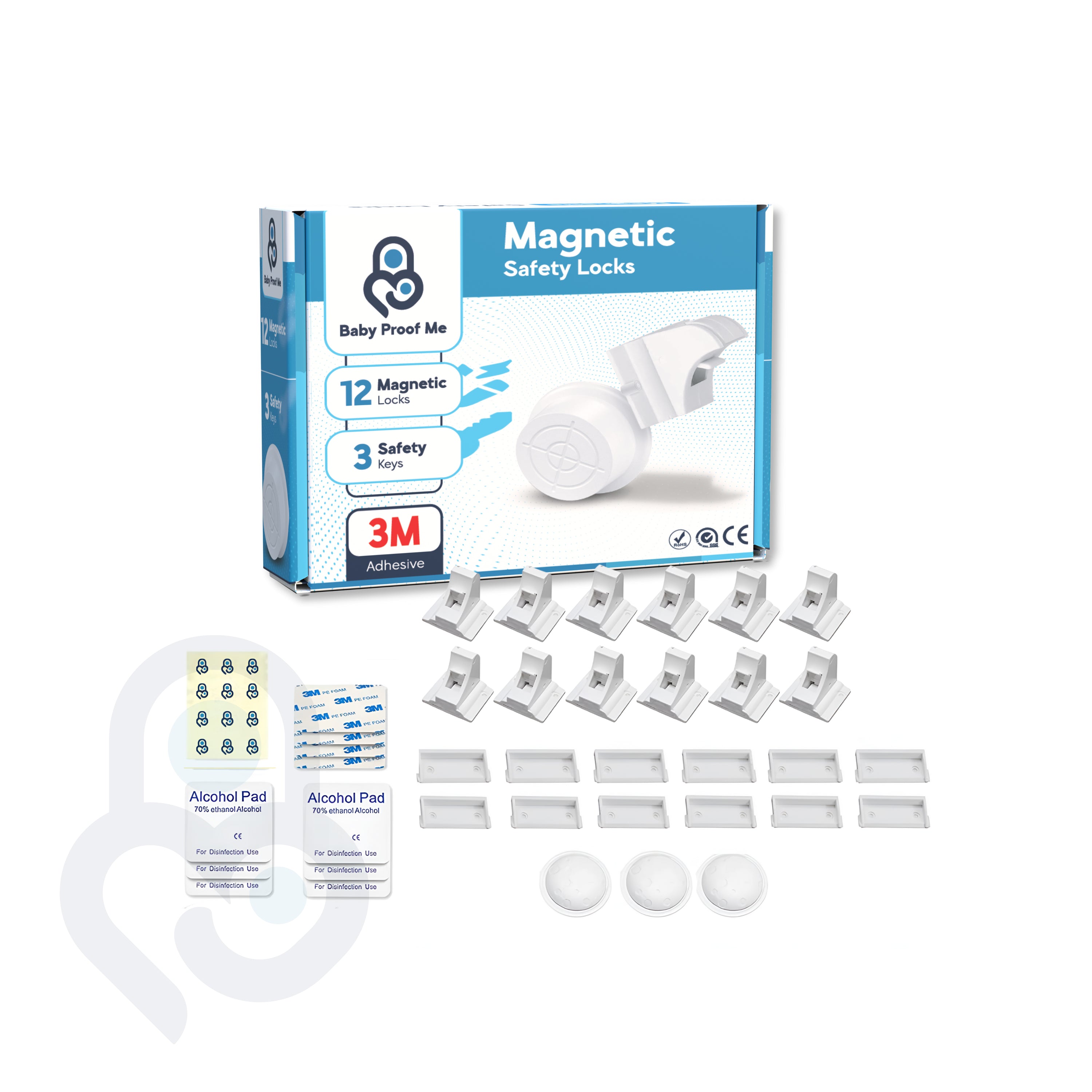 Baby Proof Me 12-pack magnetic cabinet locks kit with 3 keys, 3M adhesive pads, and alcohol wipes