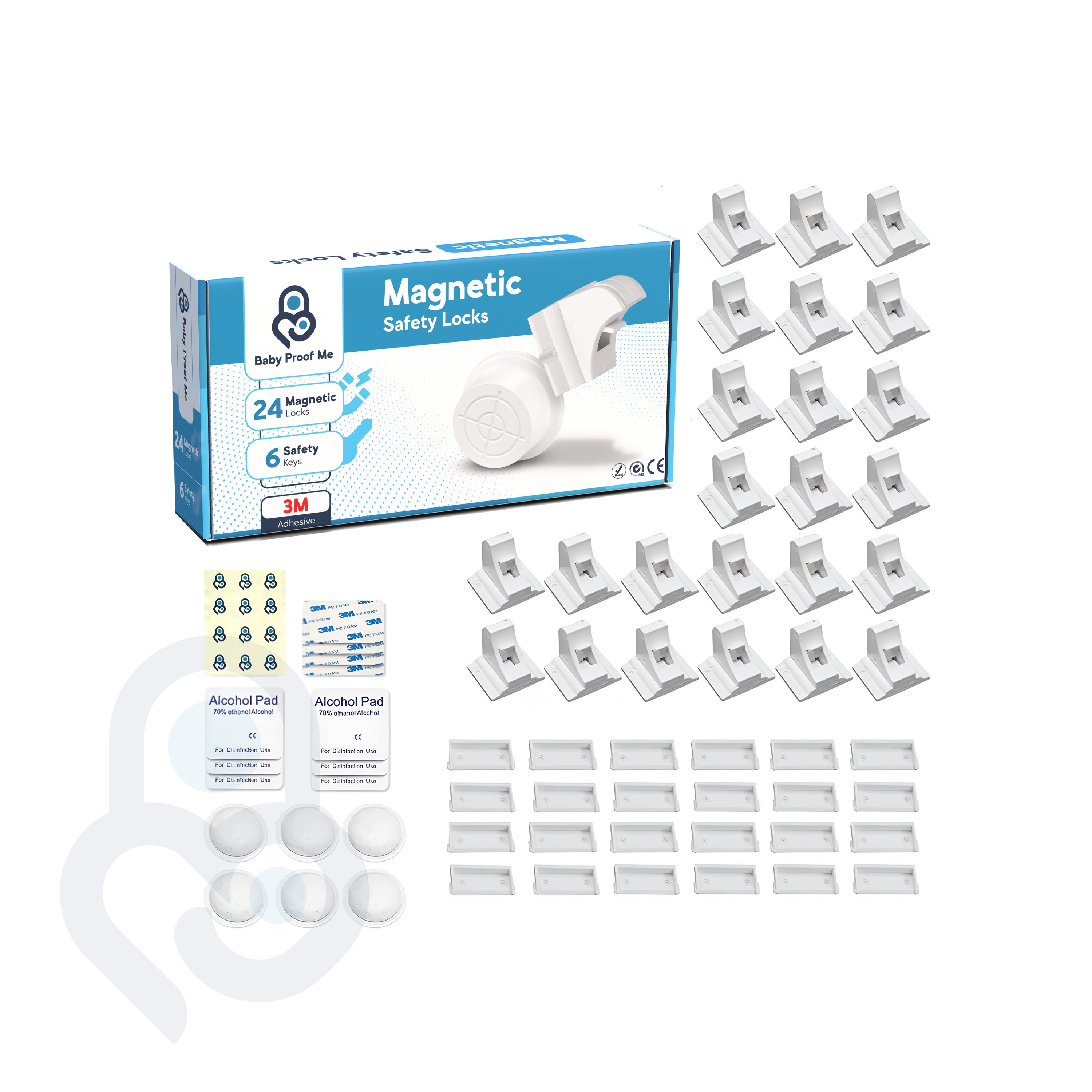 Baby Proof Me 24-pack magnetic cabinet locks kit with 6 keys, 3M adhesive pads, and alcohol wipes