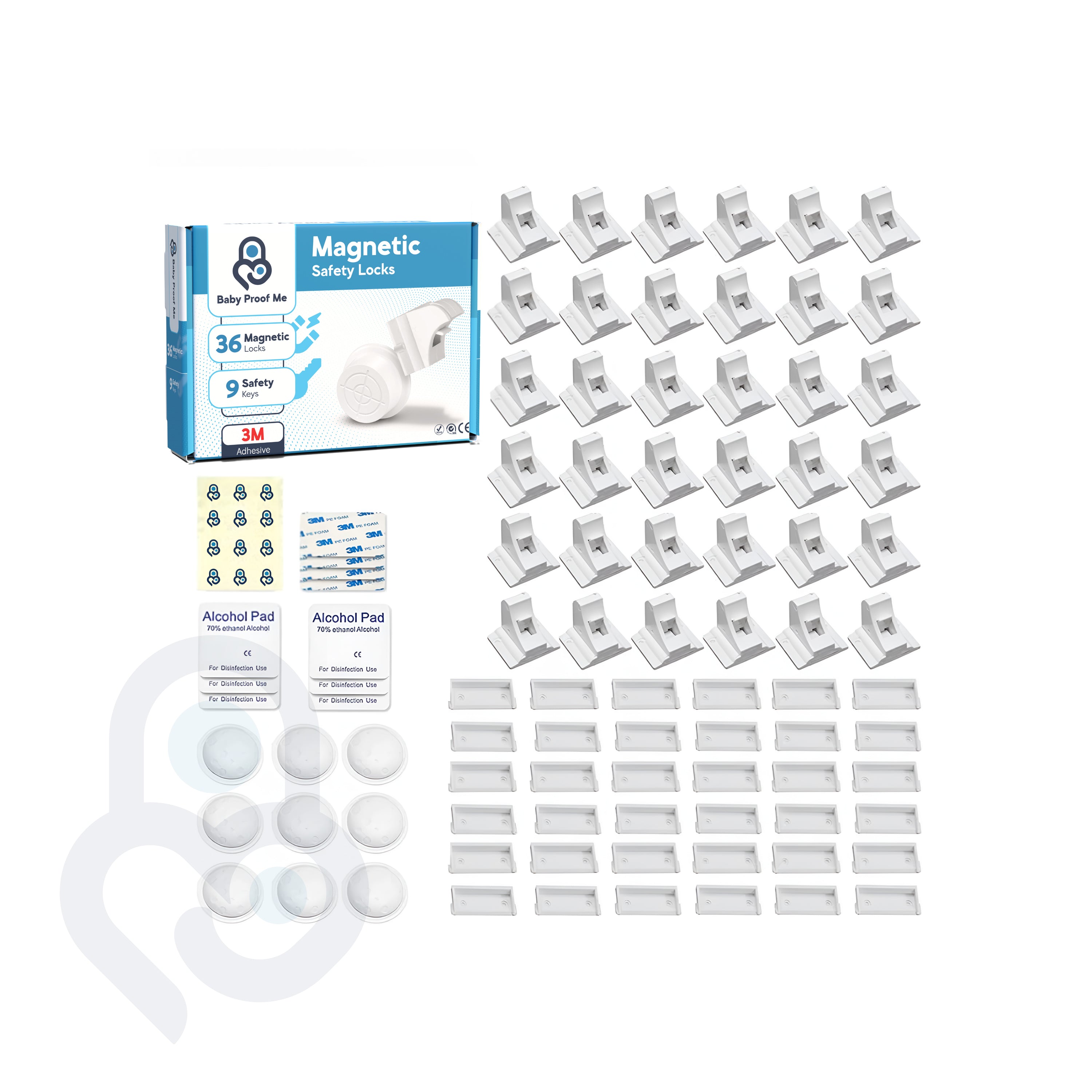 Baby Proof Me 36-pack magnetic cabinet locks kit with 9 keys, 3M adhesive pads, and alcohol wipes