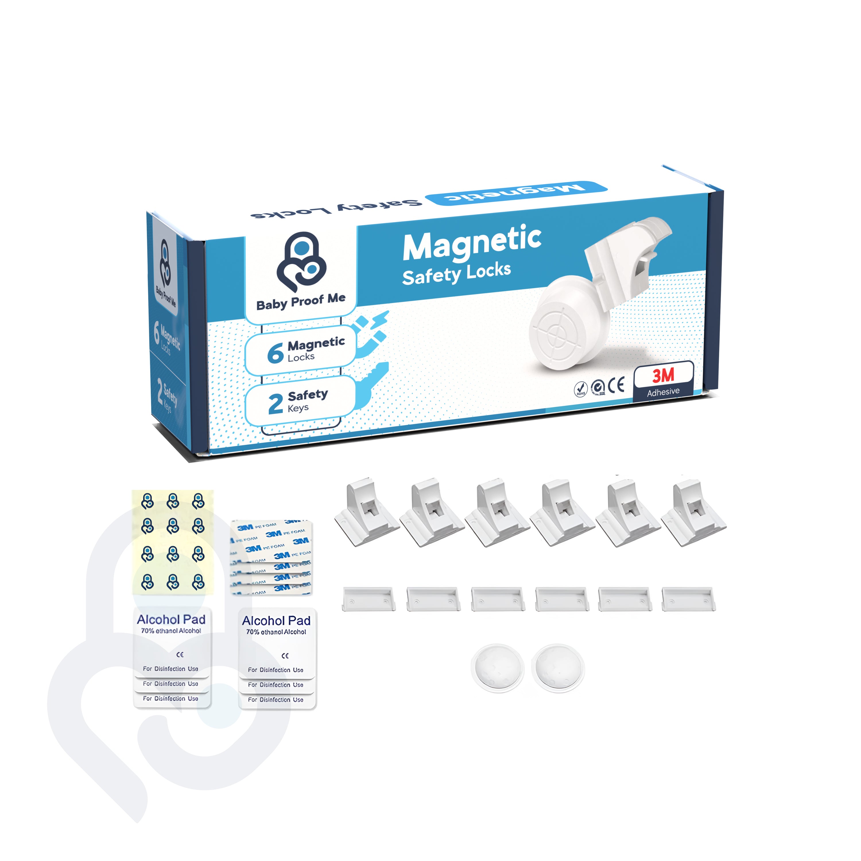 Baby Proof Me magnetic cabinet locks 6-pack kit with 2 keys, 3M adhesive pads, and alcohol wipes