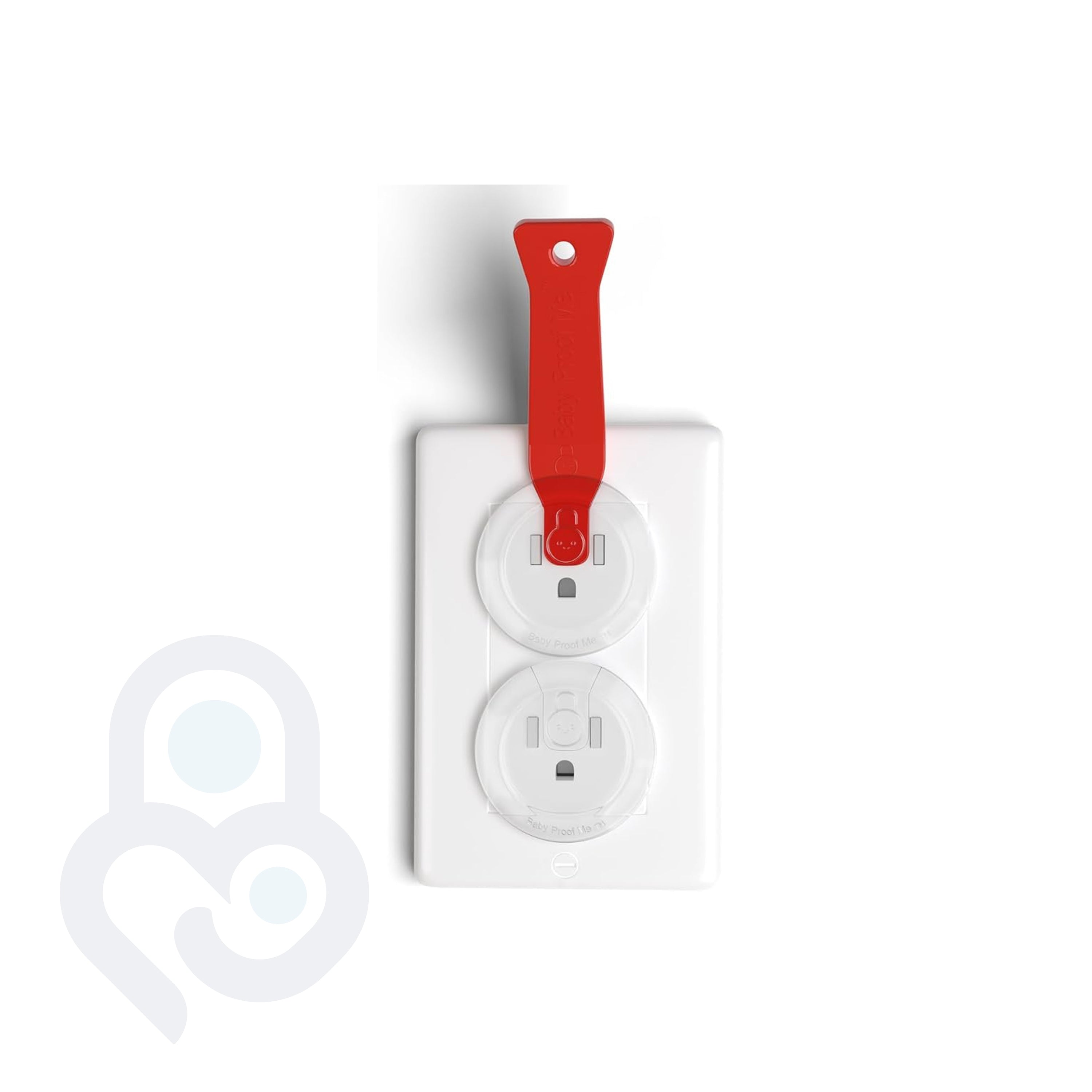 Two clear outlet plug covers installed in duplex wall outlet with red removal tool inserted in top socket