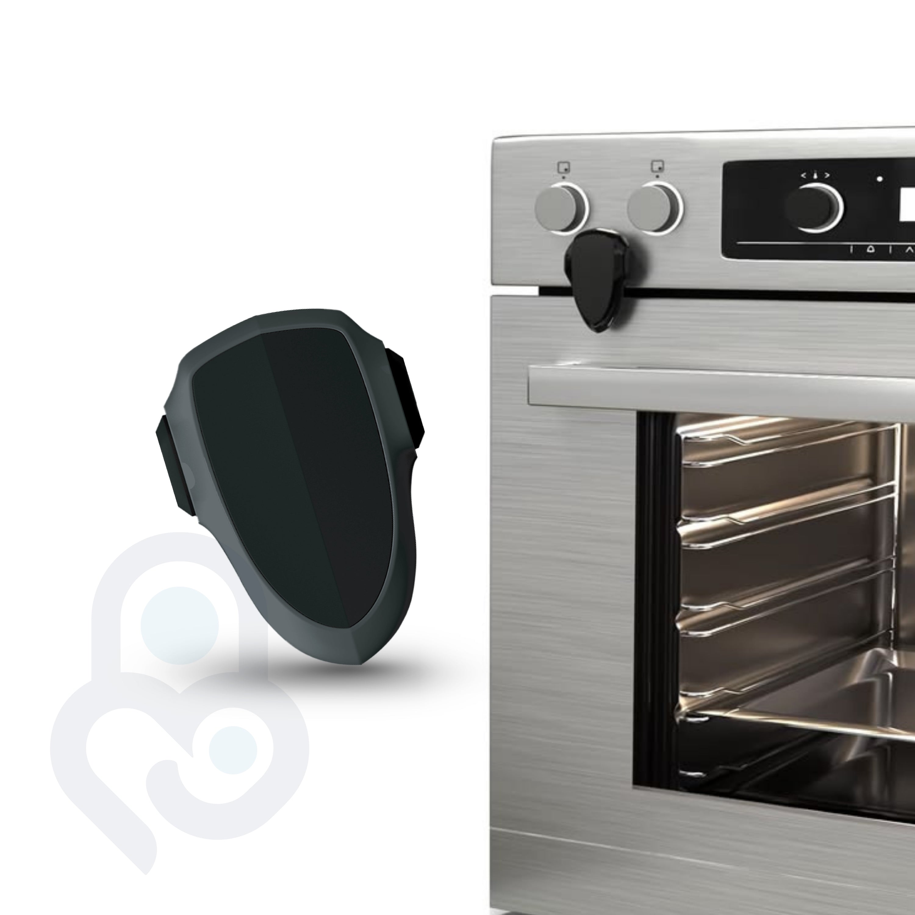 Black oven safety lock mounted on stainless steel oven door knob, no-drill adhesive install